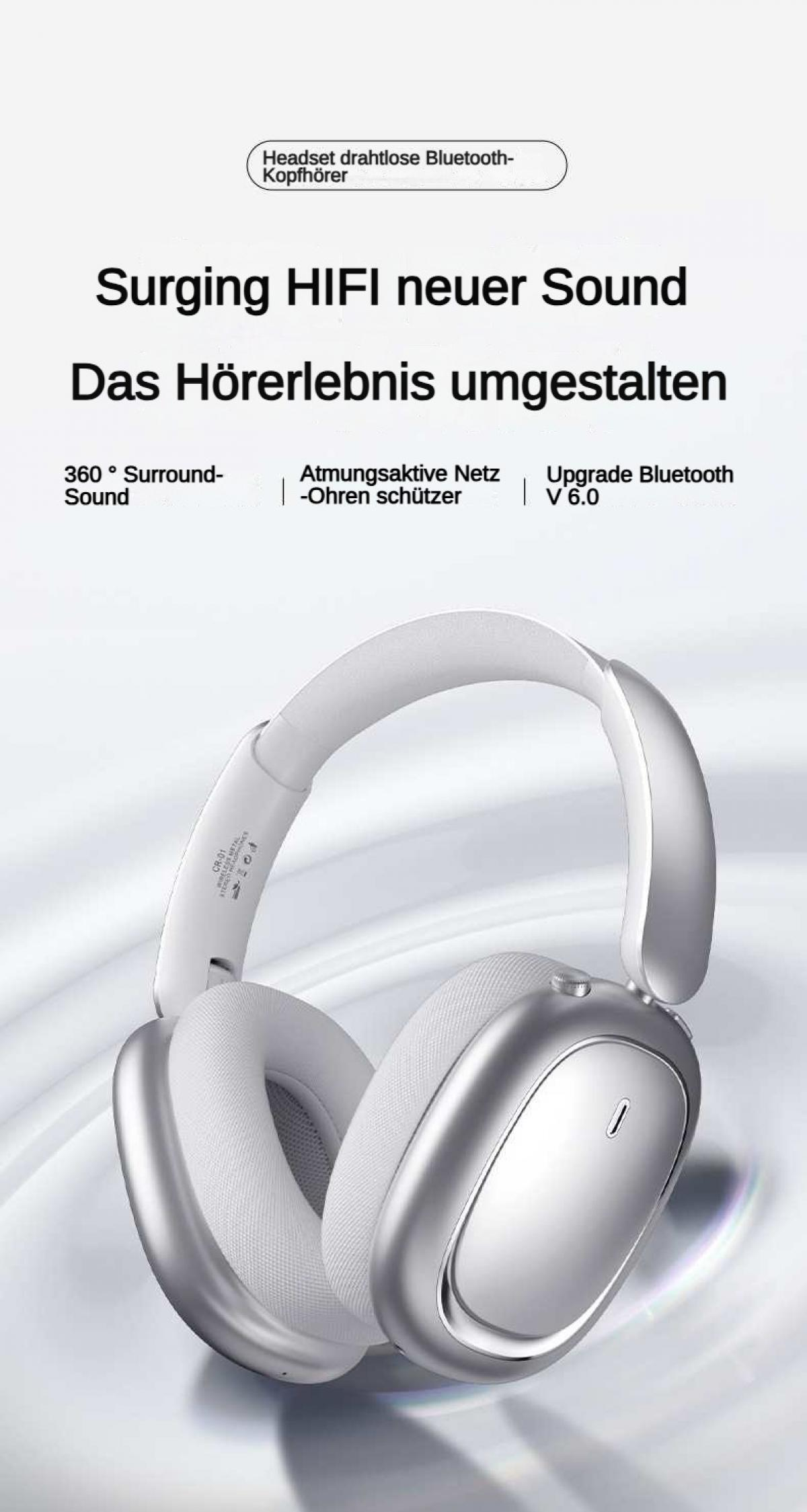 Silberne Bluetooth-Kopfhörer mit weißen Ohrpolstern, die auf einem glatten, hellen Hintergrund stehen.