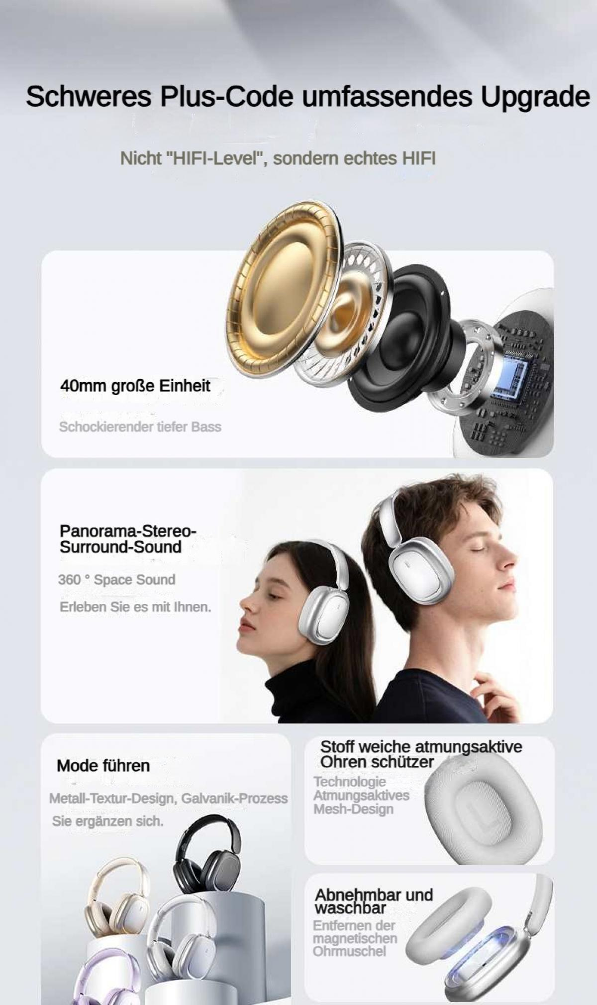 Technische Details von Kopfhörern mit 40mm Treibern, Panorama-Sound und abnehmbaren Ohrpolstern.