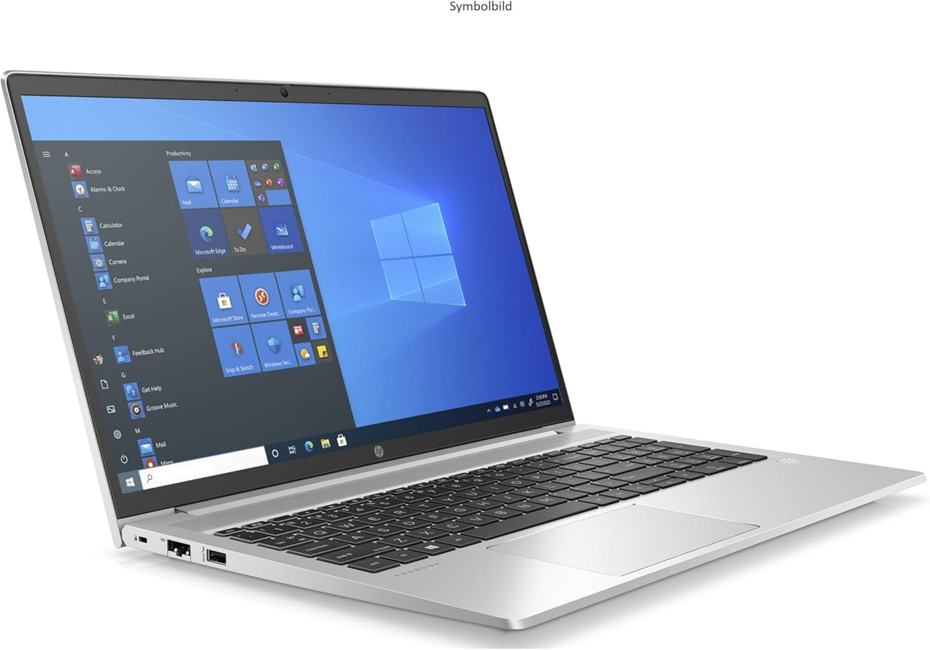 Ein silberner Laptop mit eingeschaltetem Bildschirm, der Windows-Apps zeigt.