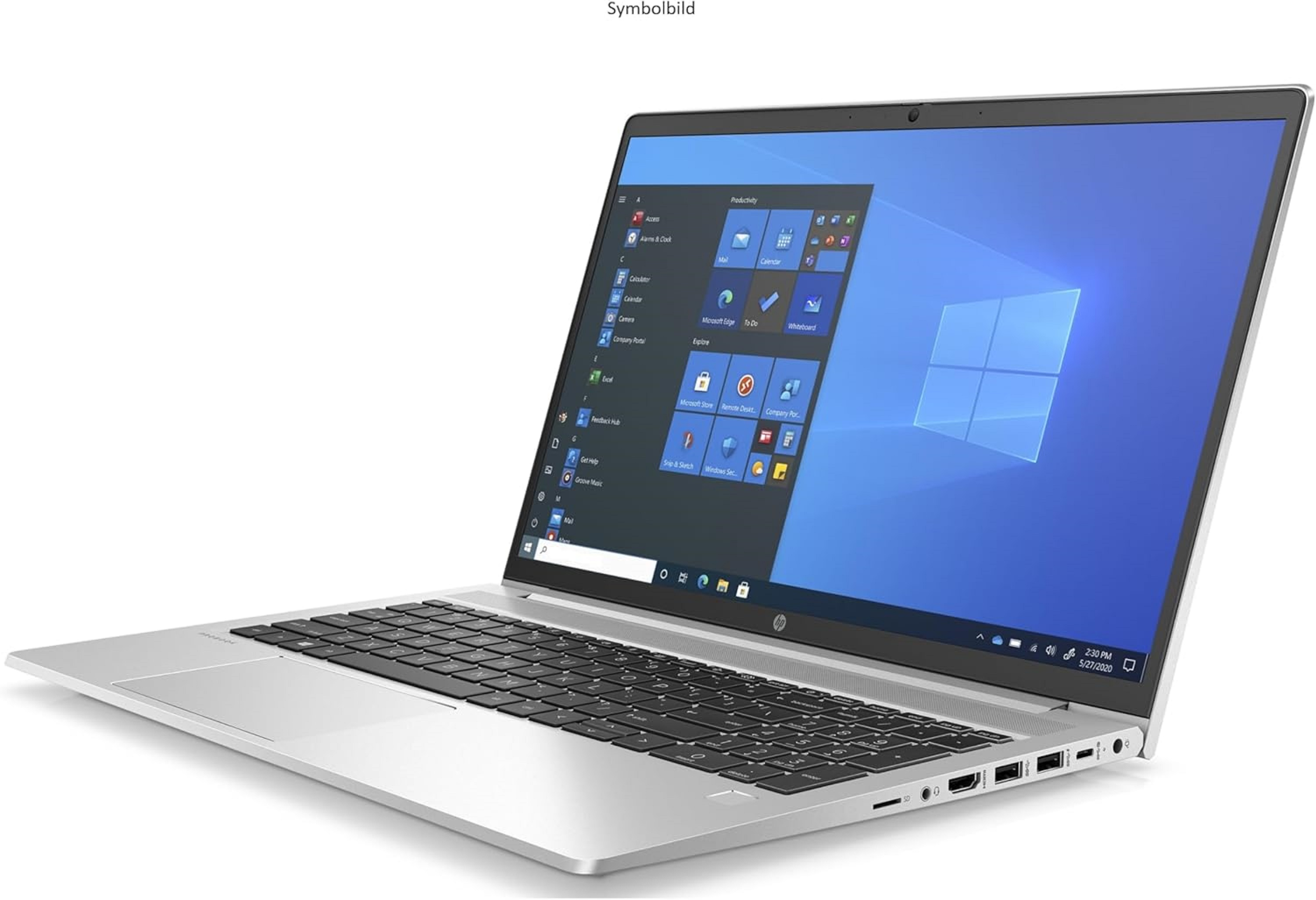 Ein silberner Laptop mit einem geöffneten Windows-Bildschirm und Tastatur.