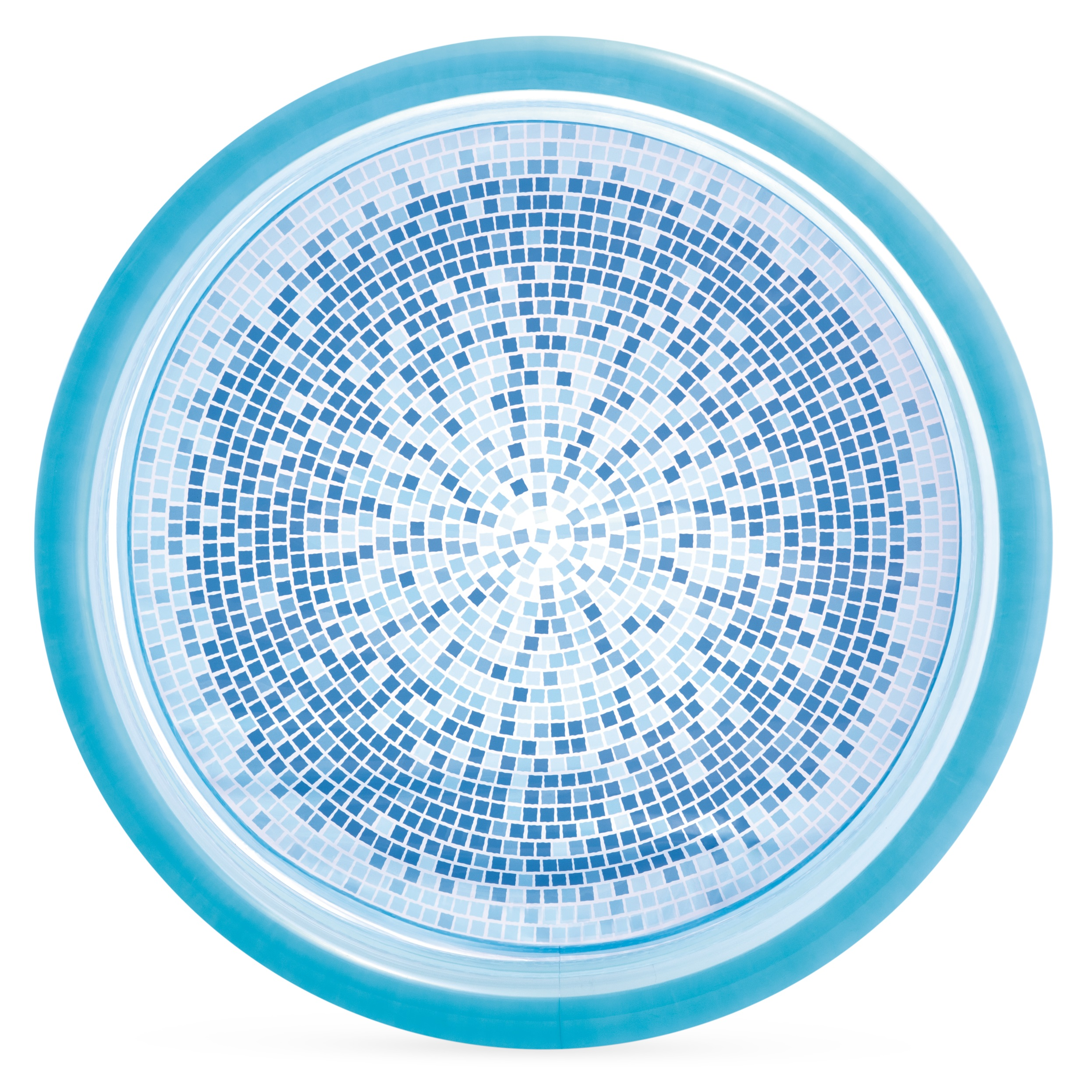 Okrągła, niebieska powierzchnia basenu z wzorem mozaiki, białe i niebieskie kwadraty.