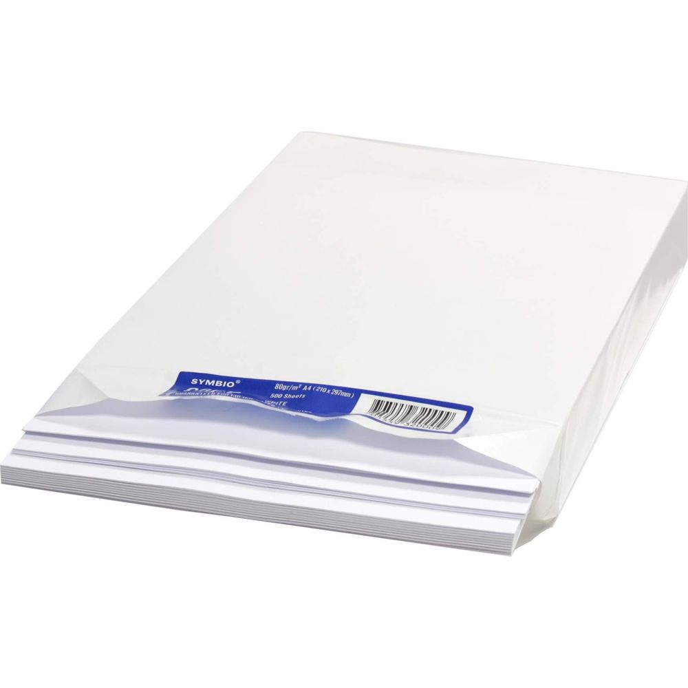 Un paquet de papier blanc A4, 80 g/m², 500 feuilles, avec étiquette bleue.