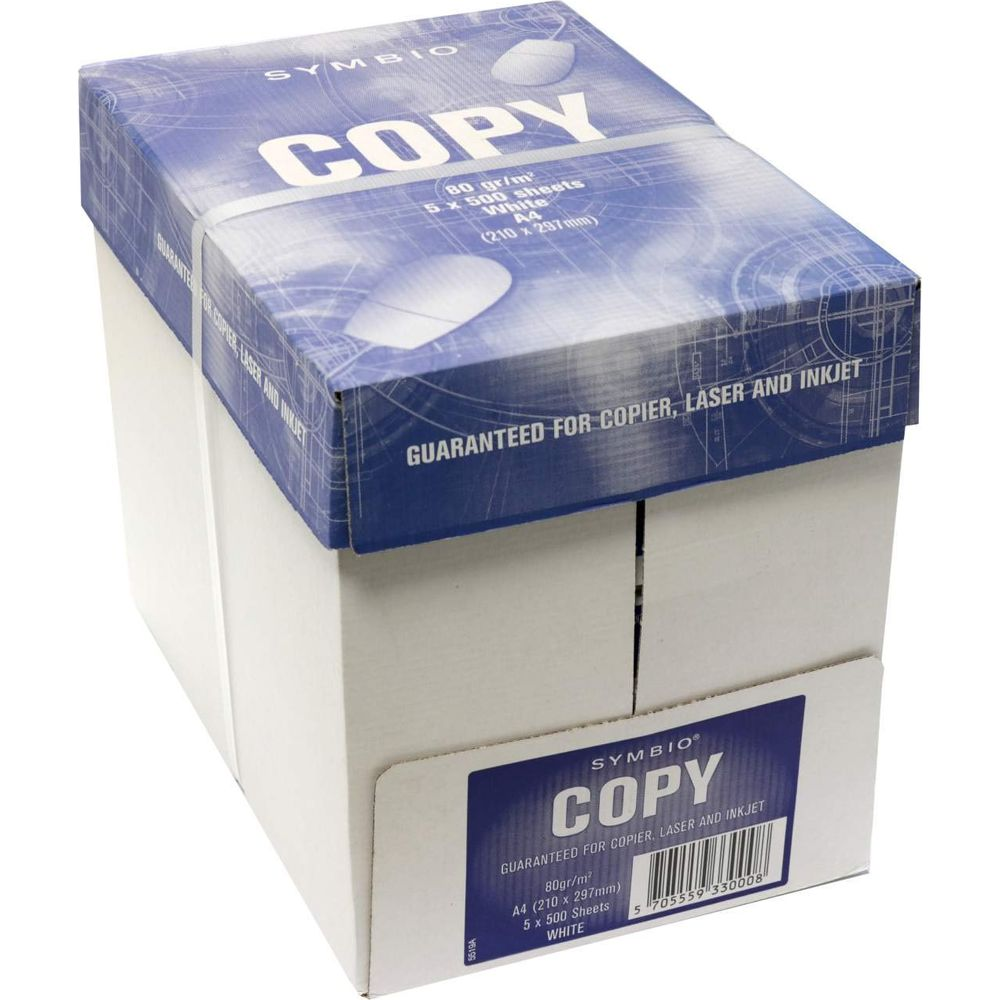 Une boîte de papier Symbio Copy A4, 5 rames de 500 feuilles blanches, 80g/m².