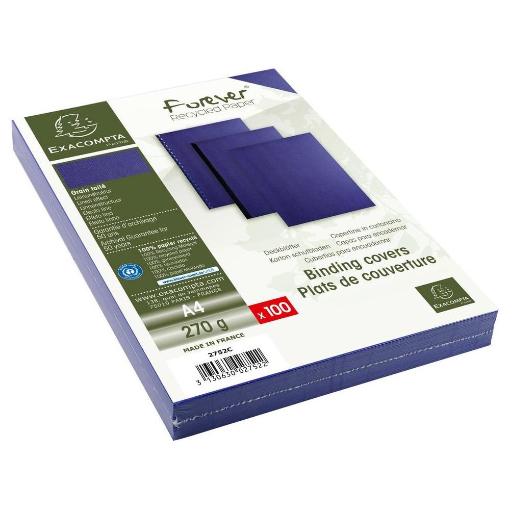 Paquet de plats de couverture A4 bleus, 100% recyclés, par Exacompta.