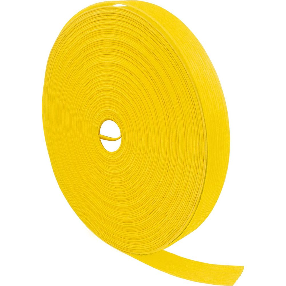 Un rouleau de ruban jaune avec un trou au centre, l'extrémité est déroulée.