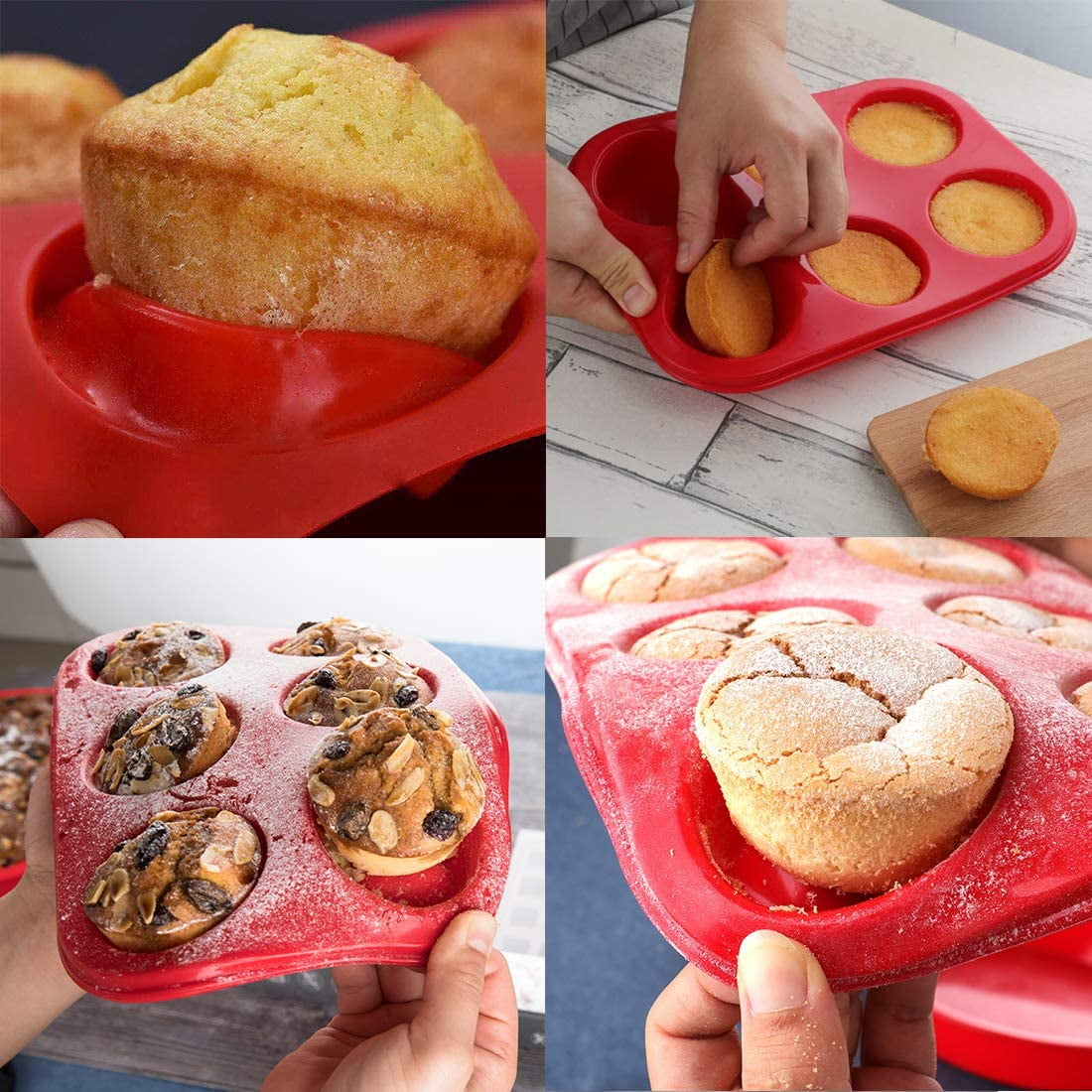 Silikon-Muffinblech mit verschiedenen Muffins und Backzutaten.