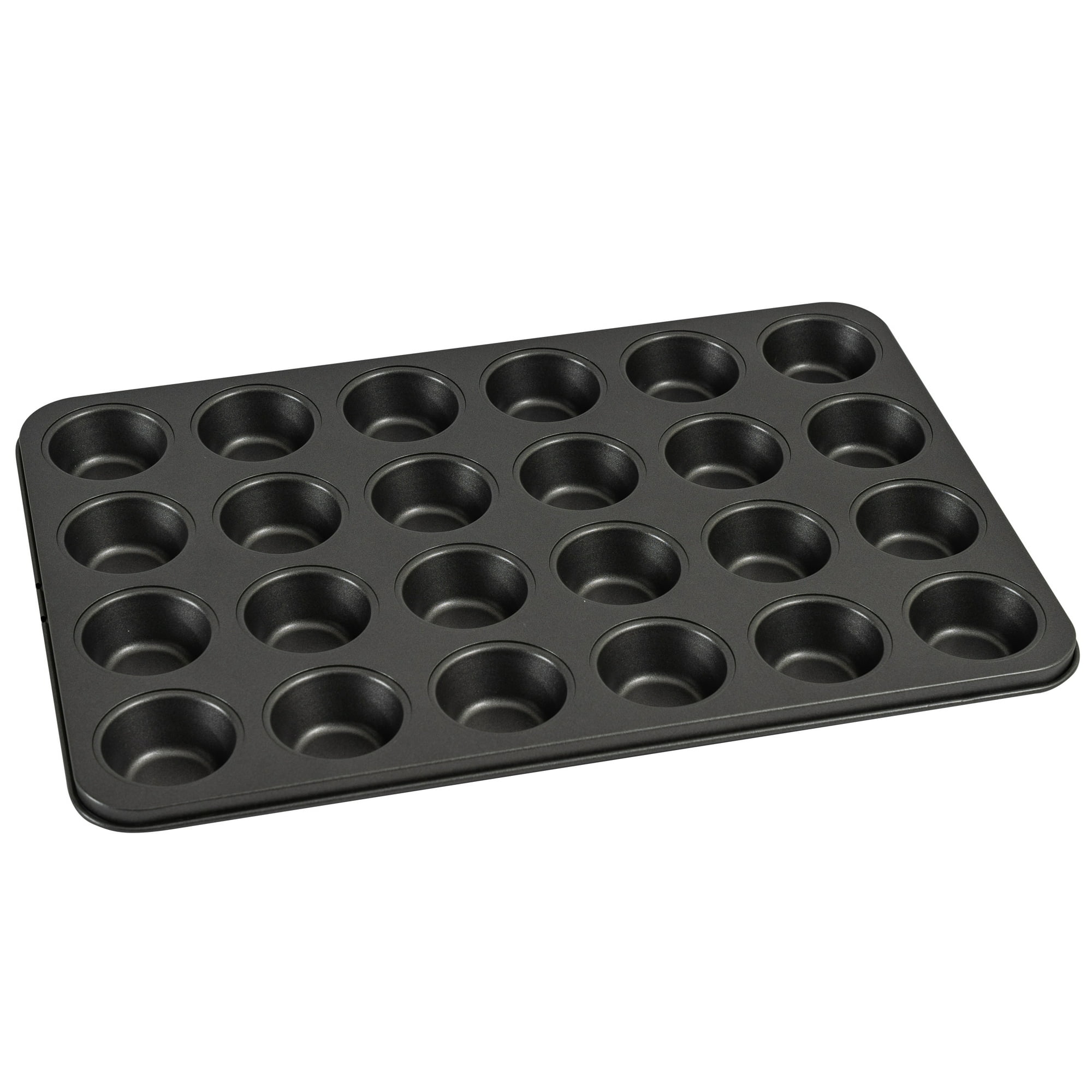 Eine dunkle, rechteckige Backform für 24 Muffins oder Cupcakes.