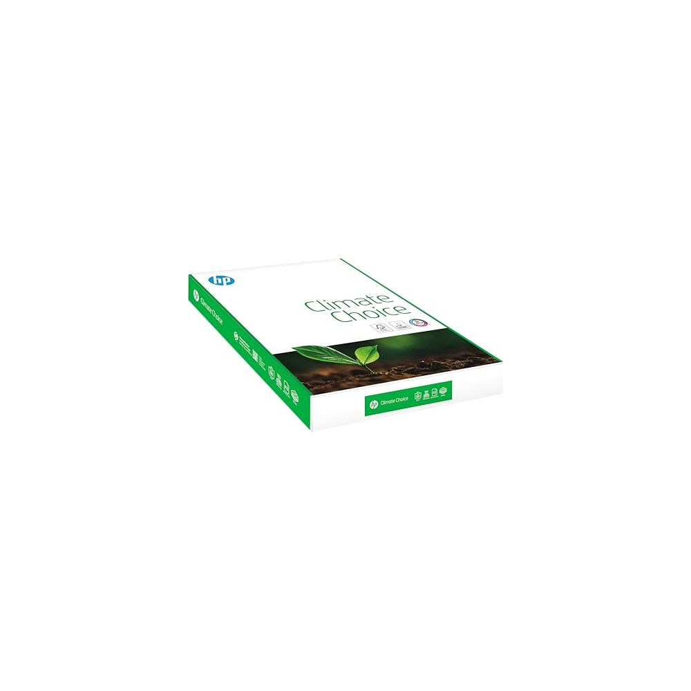 HP Climate Choice Papierpaket mit einem grünen Keimling auf der Vorderseite.