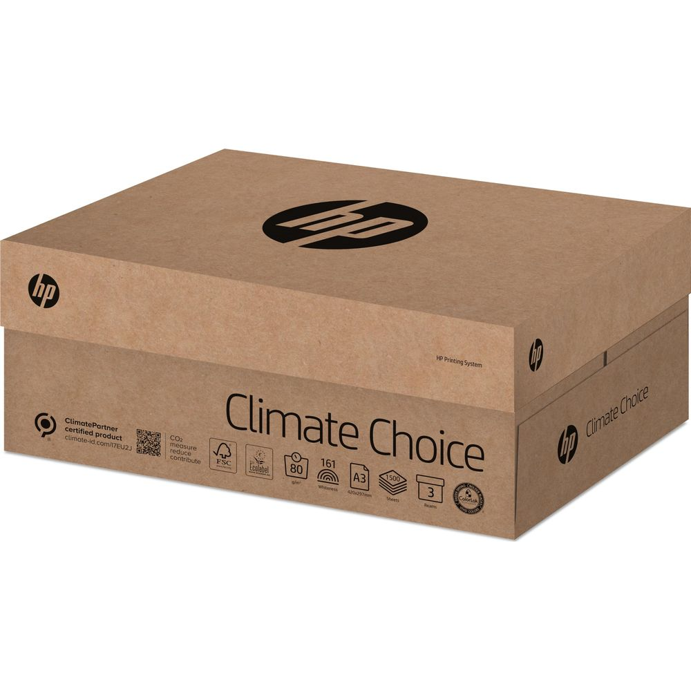 HP Klimaschutz-Papierkarton mit Logo und Aufdruck 'Climate Choice'.