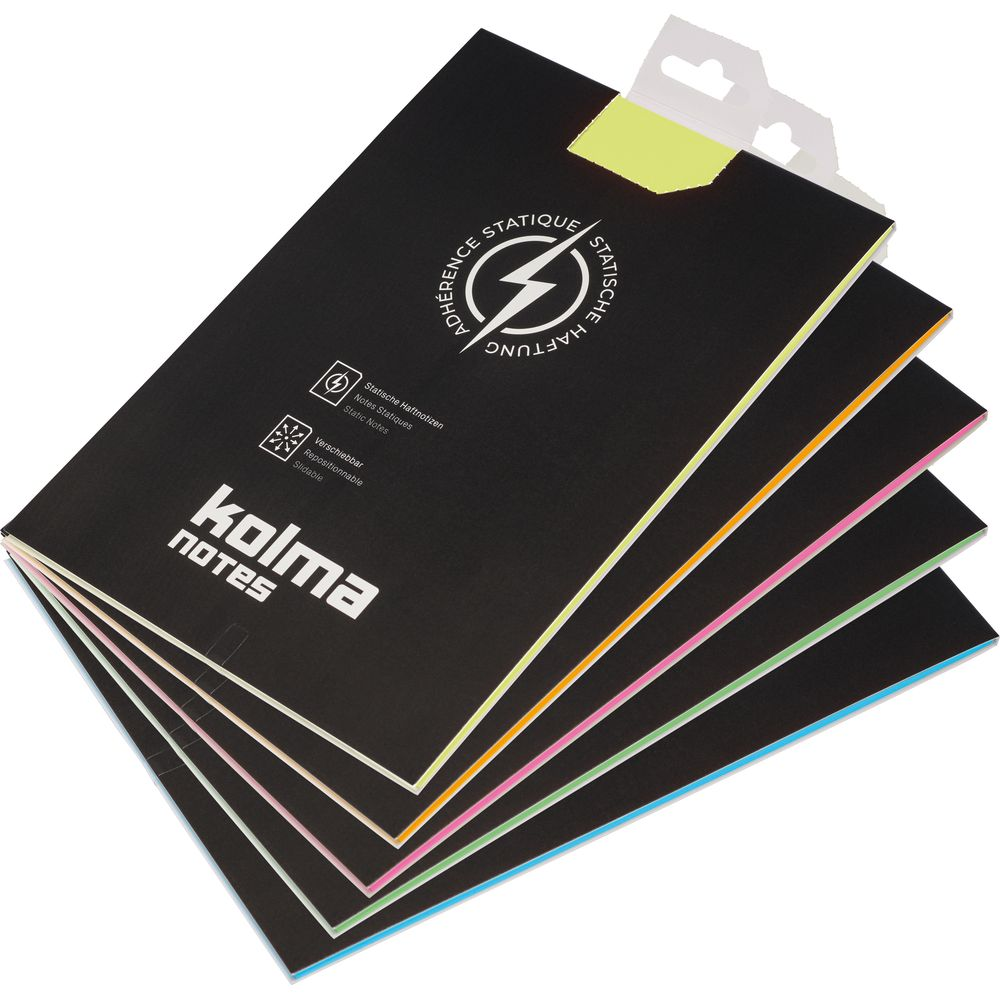 Notes noires Kolma avec bords et symboles colorés.
