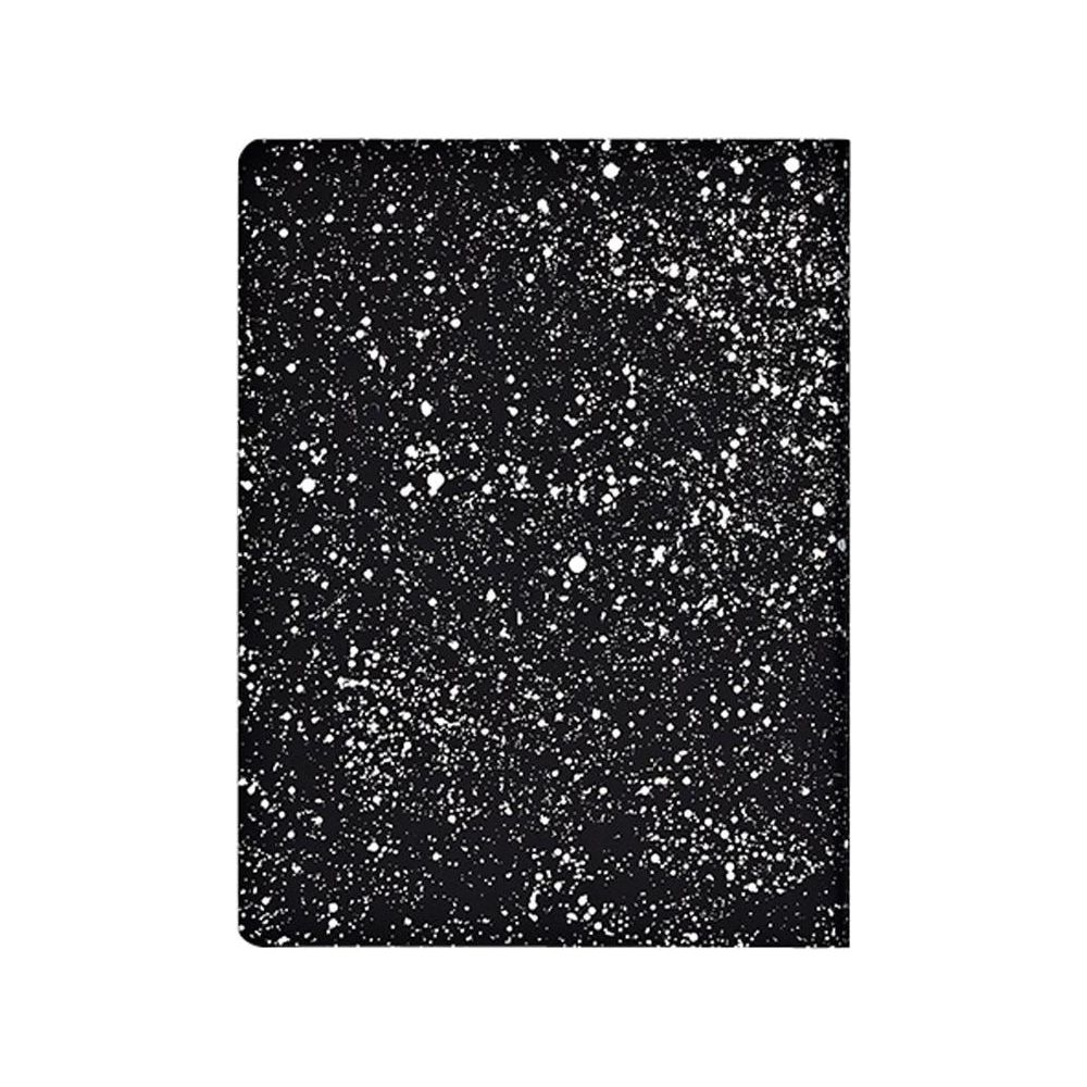 Carnet noir avec motif éclaboussures blanches.