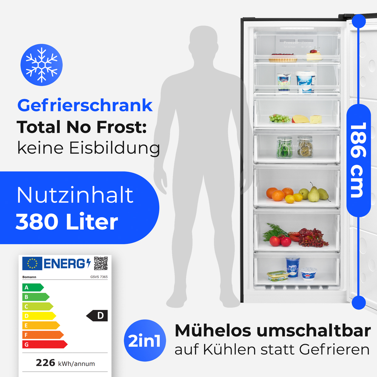 Ein 186 cm hoher Gefrierschrank mit 380 Liter Nutzinhalt, Total No Frost.