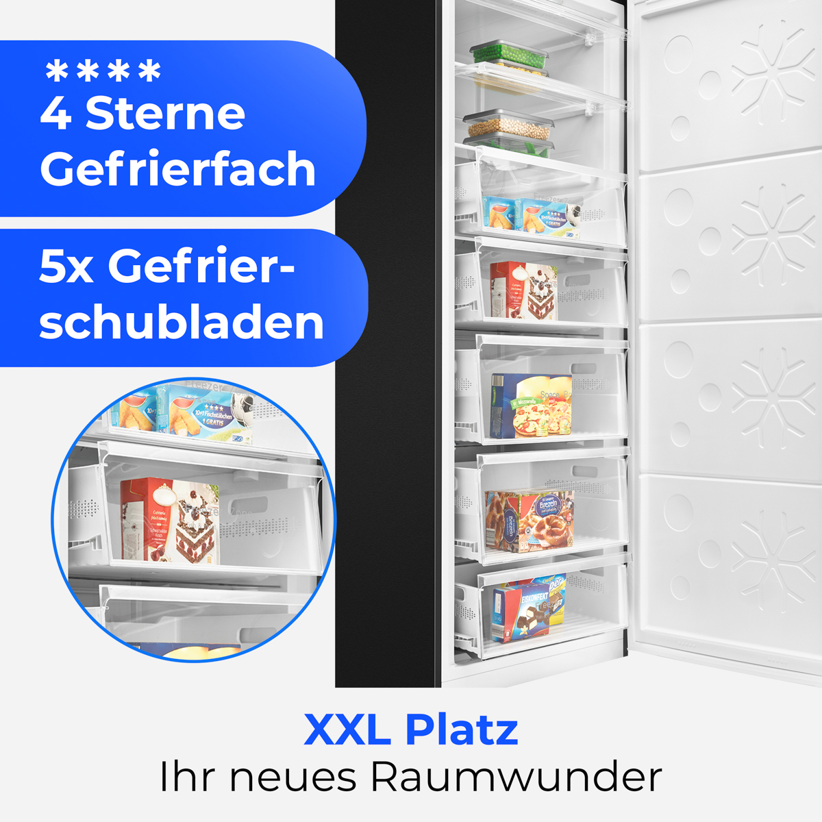 Ein offener Gefrierschrank mit 5 Schubladen und Lebensmitteln.