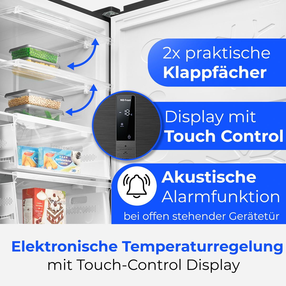 Gefrierschrank mit Touch-Control-Display, 2 Klappfächern und Alarmfunktion.