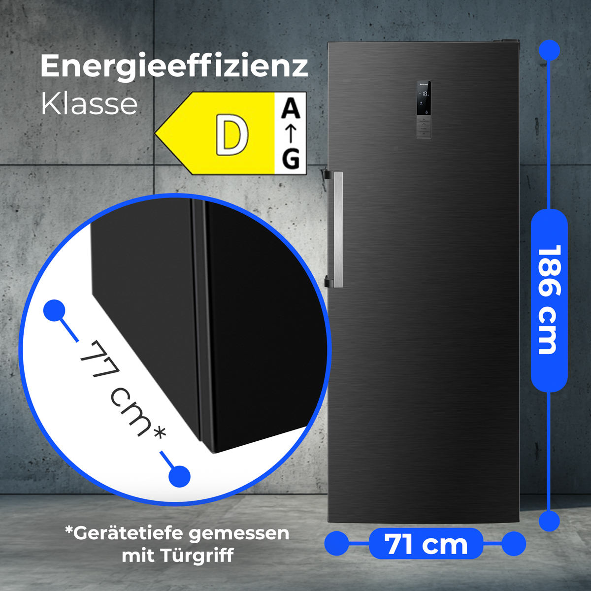 Schwarzer Kühlschrank, Energieeffizienzklasse D, H:186cm, T:77cm, B:71cm.