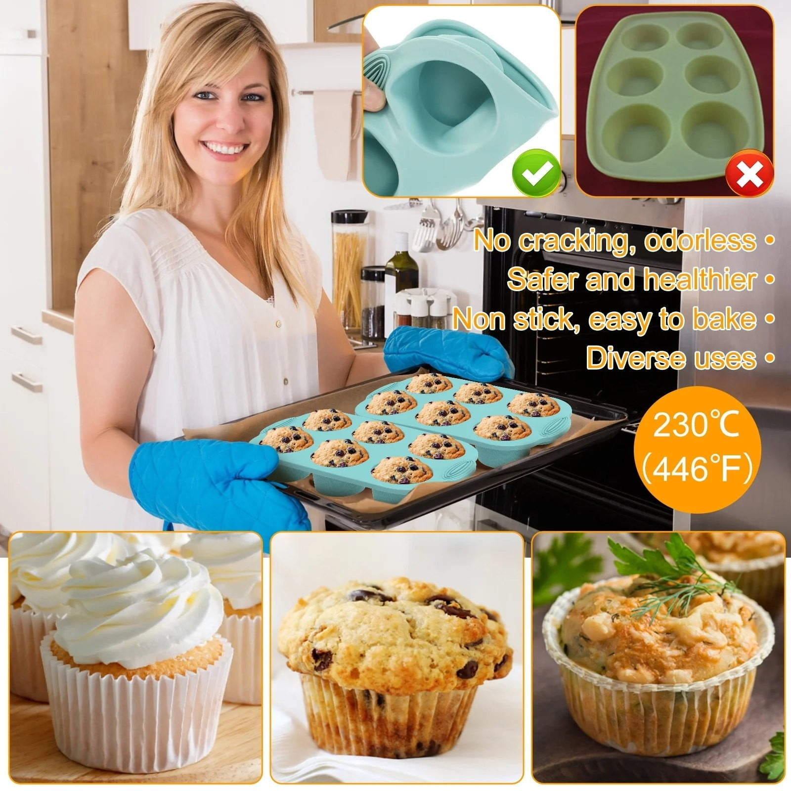 Frau hält eine Form mit Muffins, daneben sind Muffins und Cupcakes.