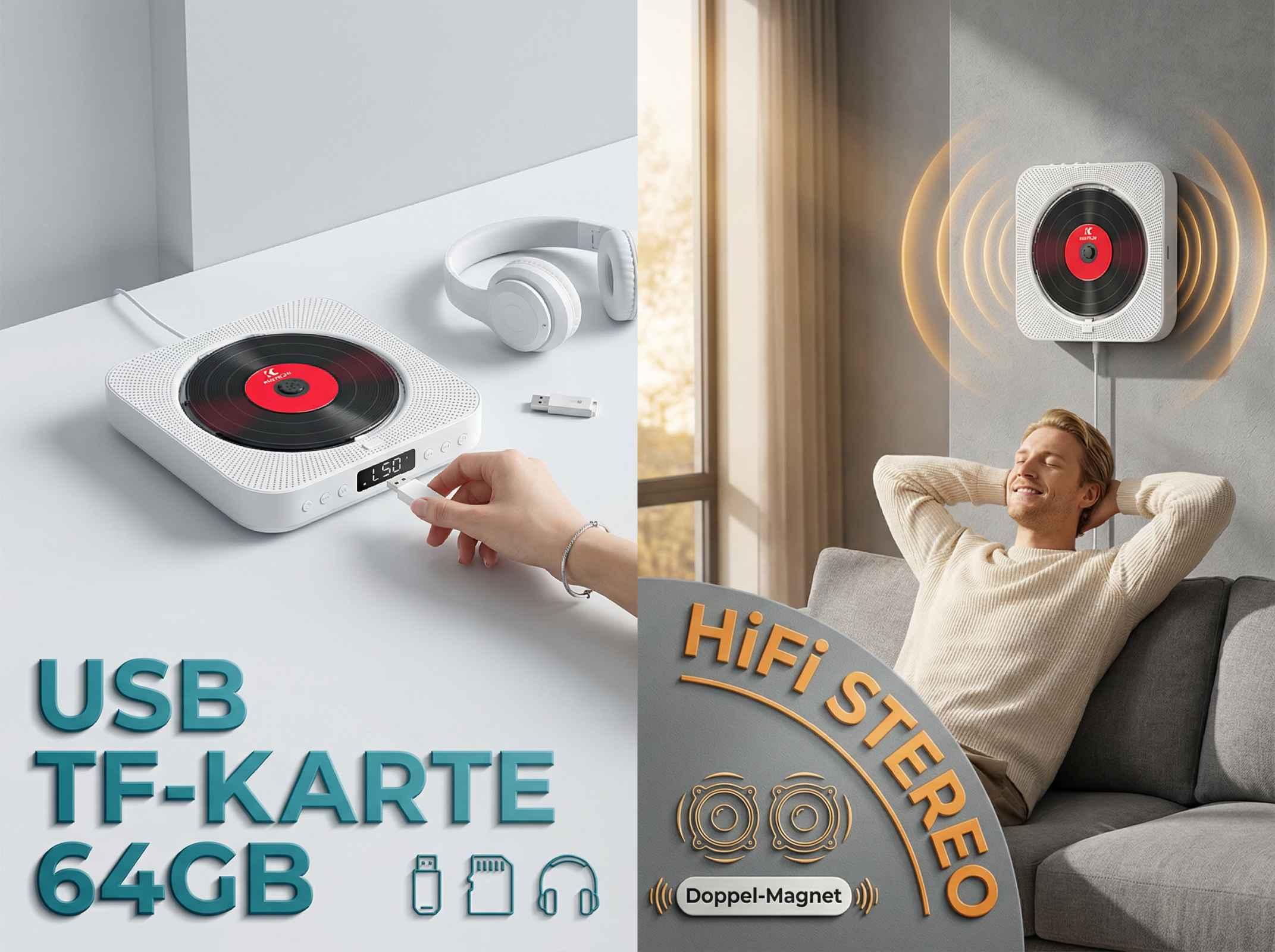 Ein Mann entspannt sich, während ein CD-Player mit Vinyl-Optik Musik abspielt.