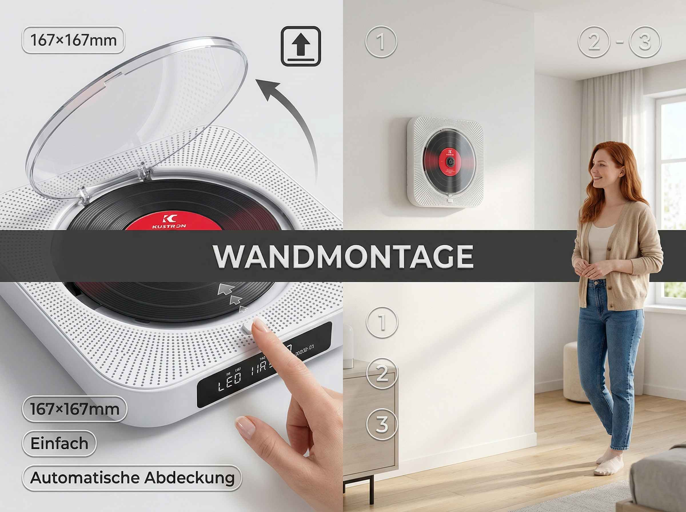 Ein CD-Player mit offenem Deckel, der eine CD zeigt, und eine Frau steht daneben.