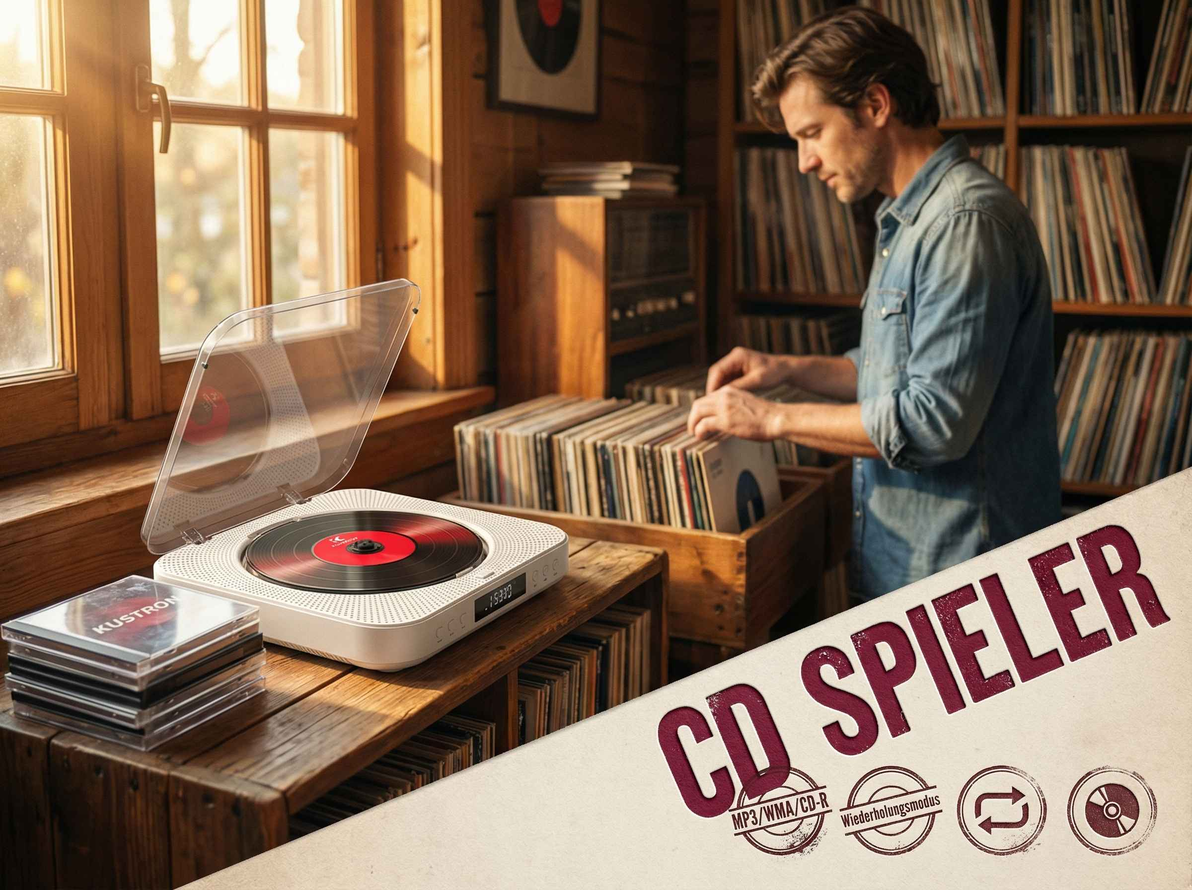 Mann sortiert Schallplatten neben einem CD-Player mit geöffnetem Deckel.