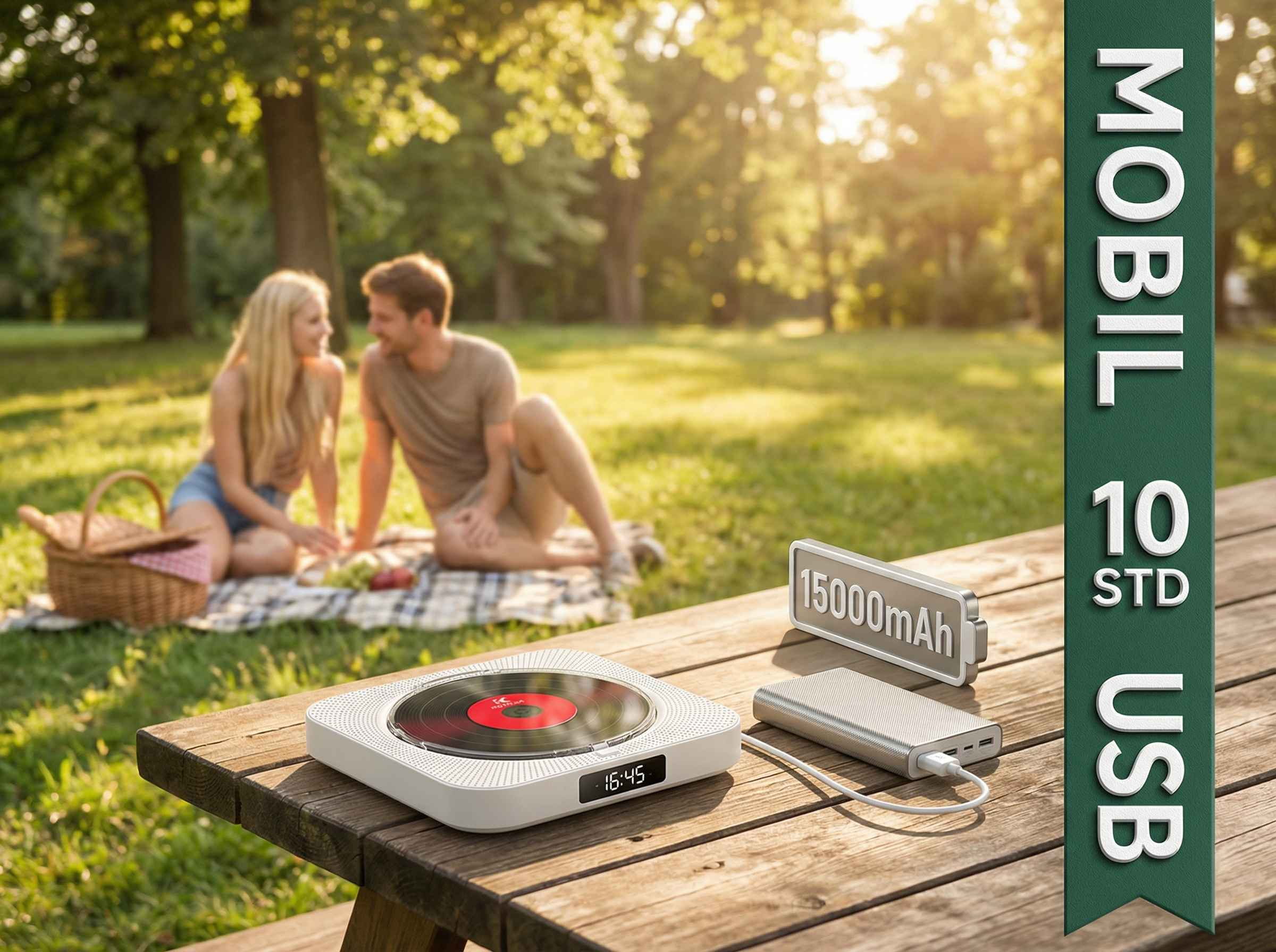 Ein Paar genießt ein Picknick im Park. Ein tragbarer CD-Player und eine Powerbank liegen auf einem Holztisch.