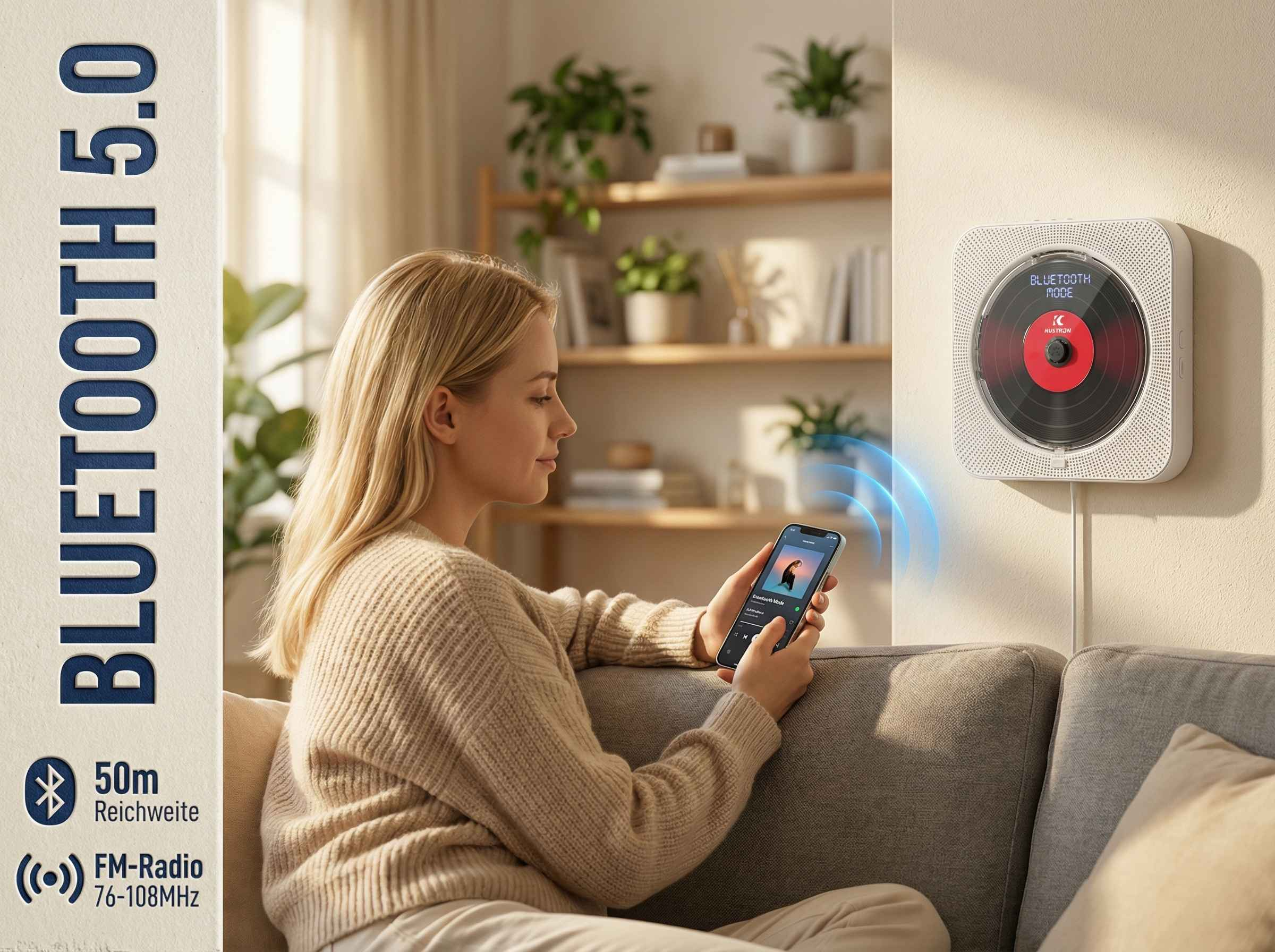 Frau mit Handy nutzt Bluetooth-CD-Player an der Wand. Reichweite 50m.
