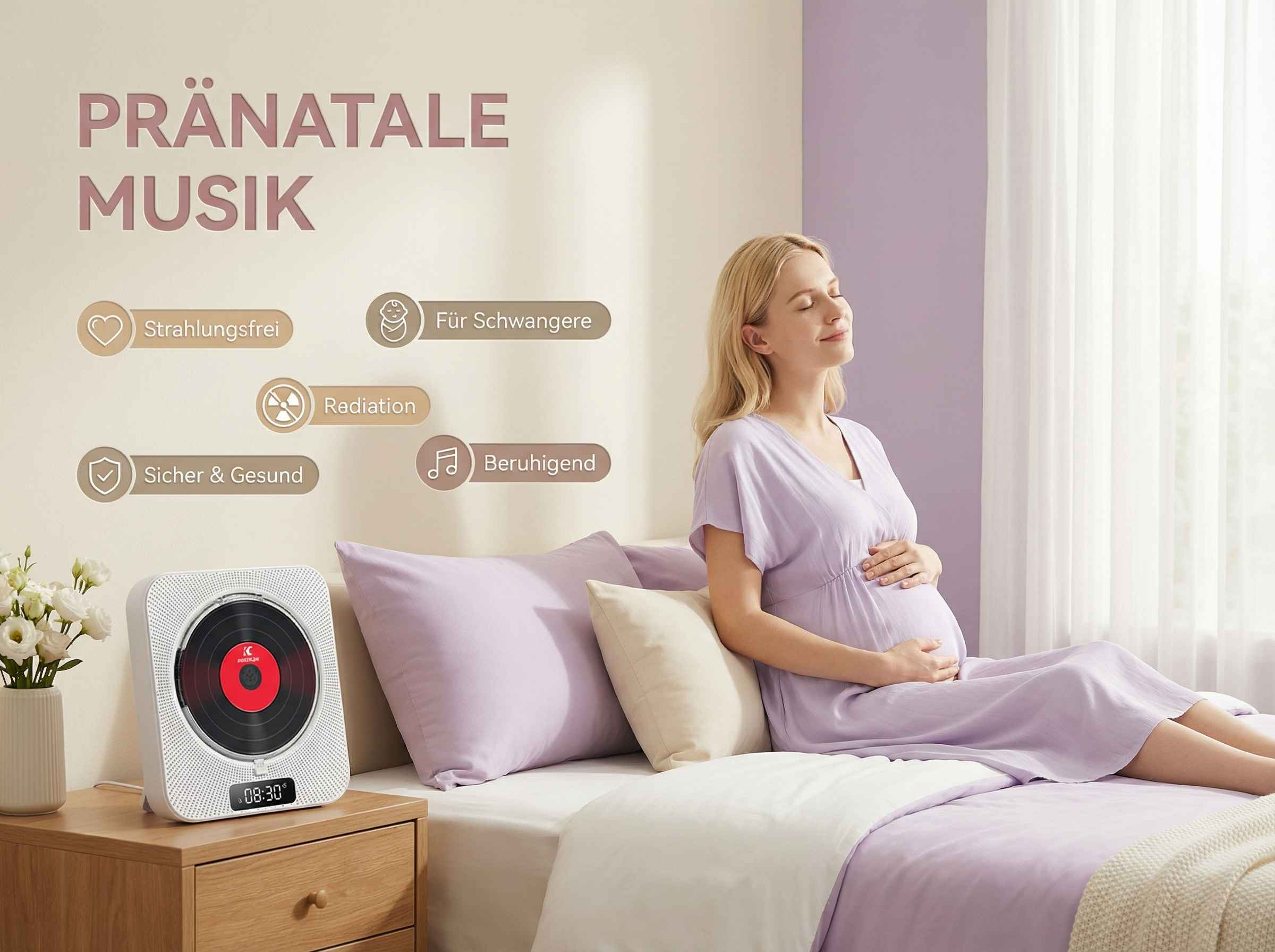 Schwangere Frau hört Musik auf einem CD-Player im Bett.