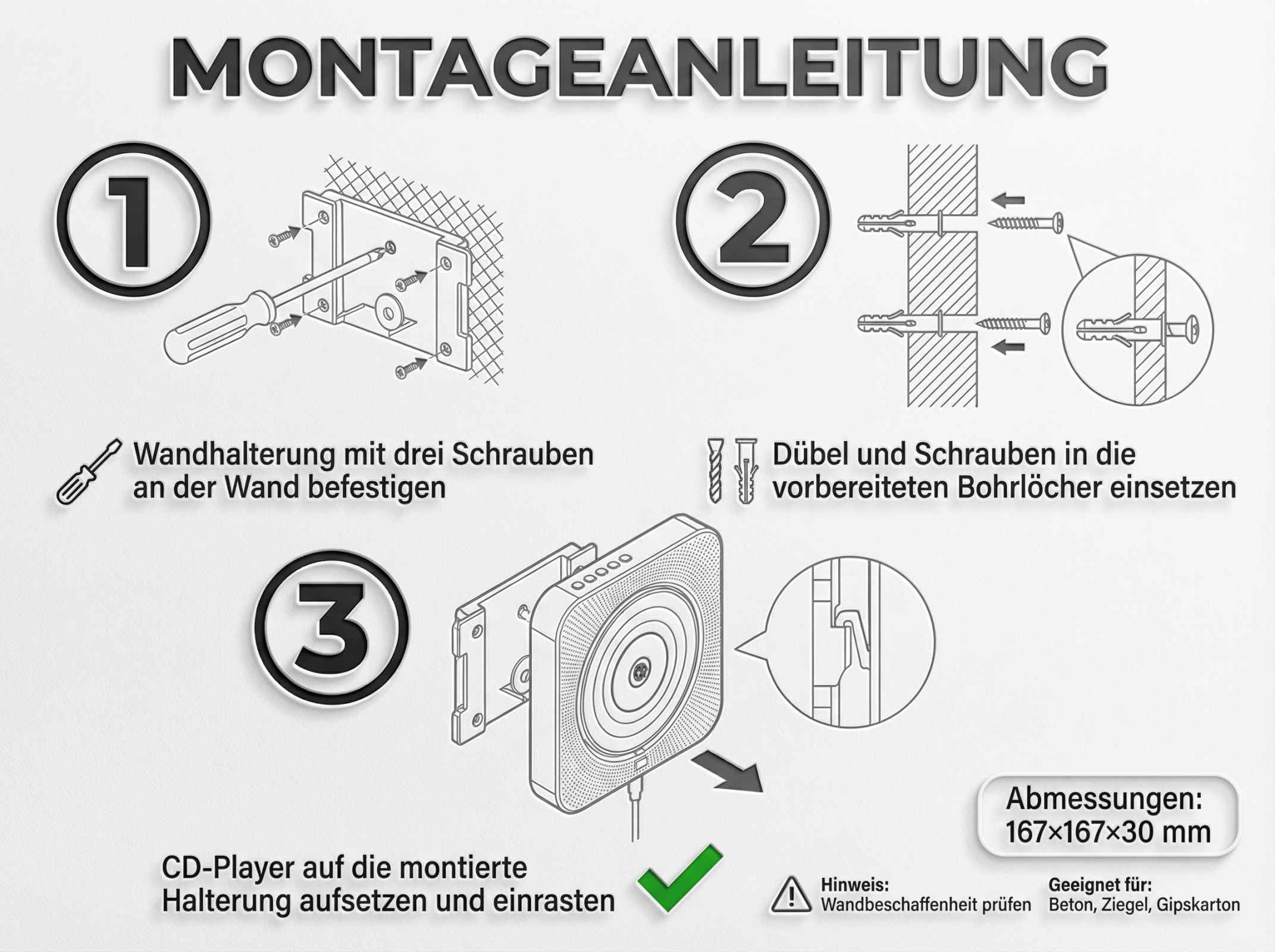 Montageanleitung: Wandhalterung befestigen, Dübel einsetzen, CD-Player aufsetzen.