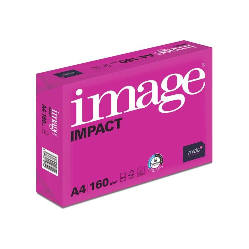 Verpackung für A4 160 g/m² Impact-Papier in Pink mit Aufdruck.