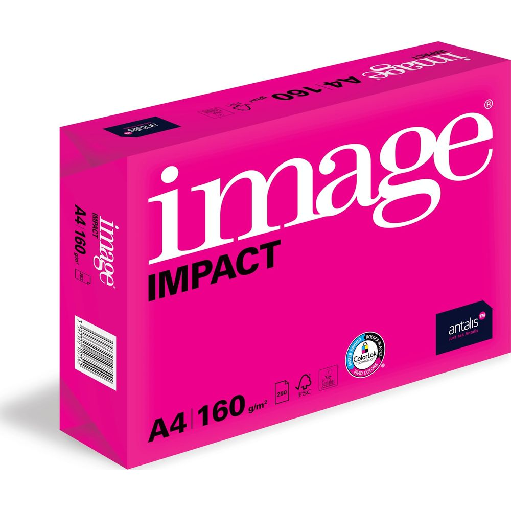 Eine Packung leuchtend pinken Papiers mit der Aufschrift 'image IMPACT A4 160 g/m²'.