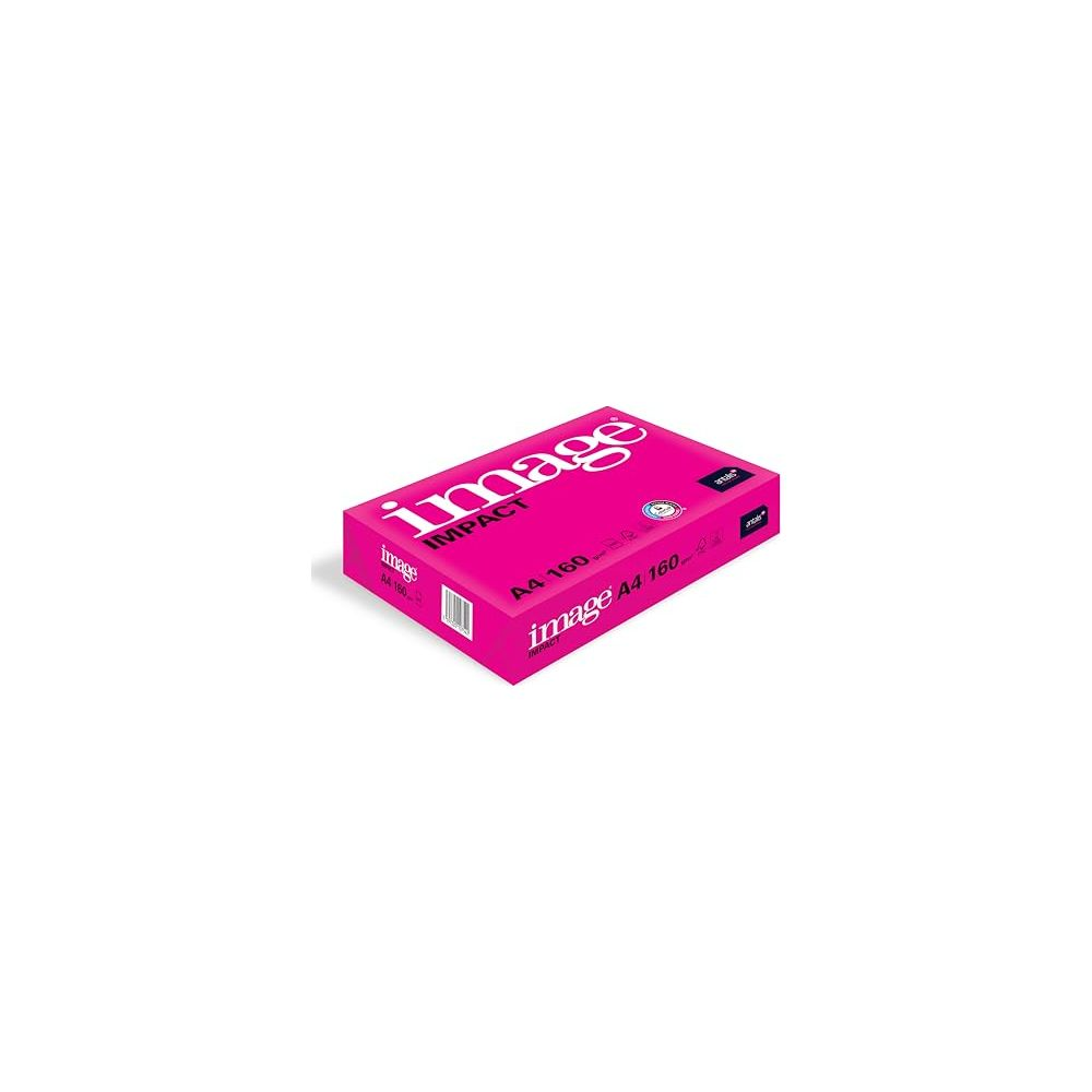 Eine pinke Schachtel Image Impact A4 160 g/m² Papier liegt auf weißem Untergrund.