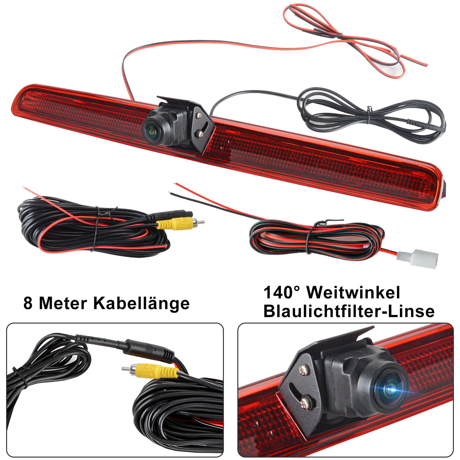 Rückfahrkamera mit rotem Bremslicht und Kabeln.