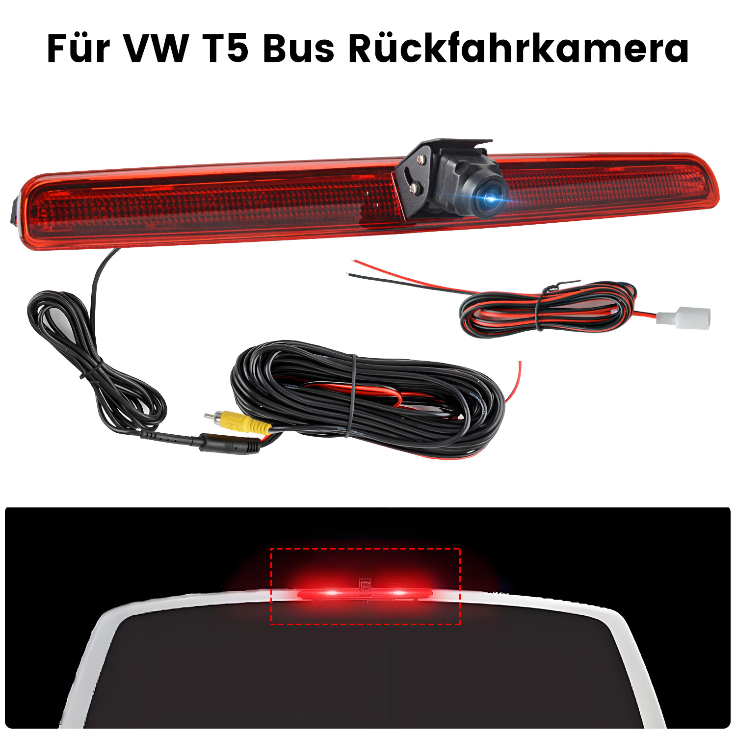 Rückfahrkamera für VW T5 Bus, mit Kabeln und Stecker, Montageansicht.