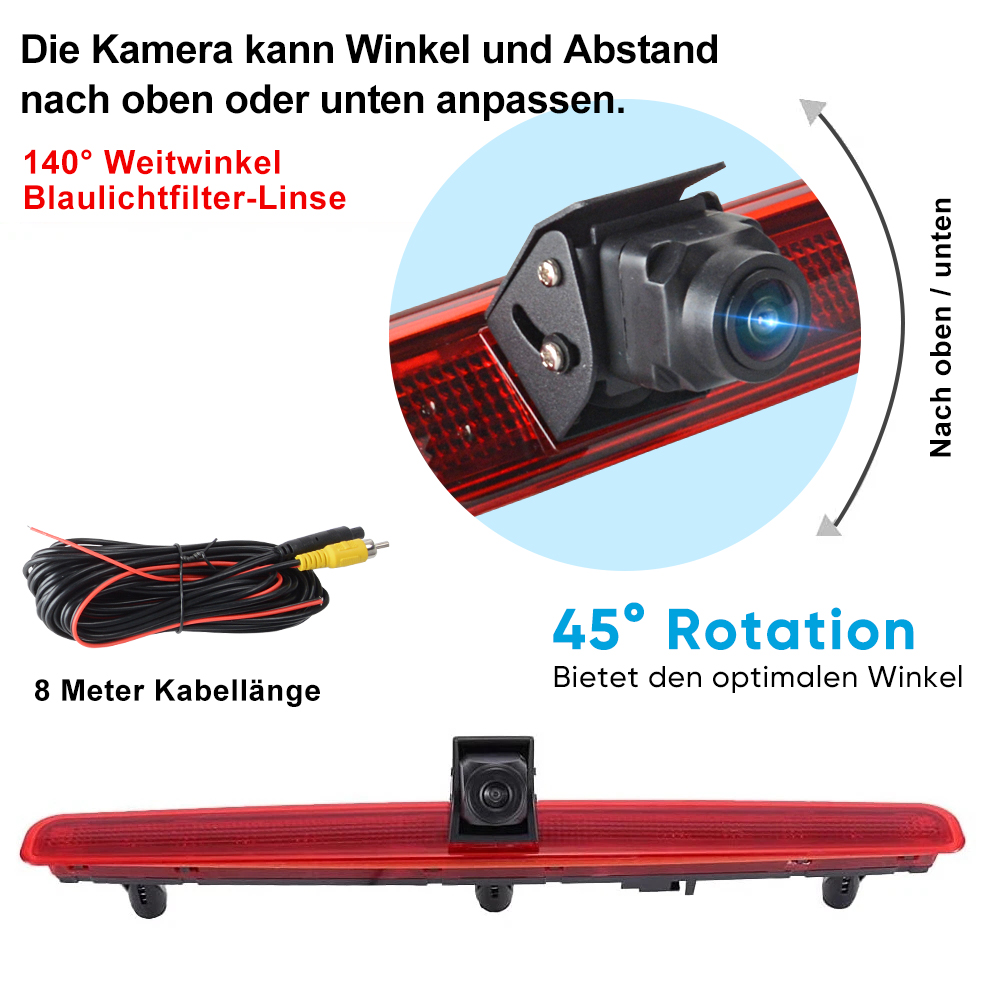 Rückfahrkamera mit 140° Weitwinkel, 8m Kabel und 45° Rotation.