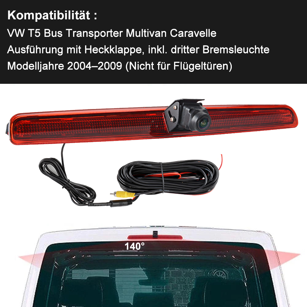 Rückfahrkamera mit Kabeln und Bremsleuchte für VW T5, 140° Sicht.