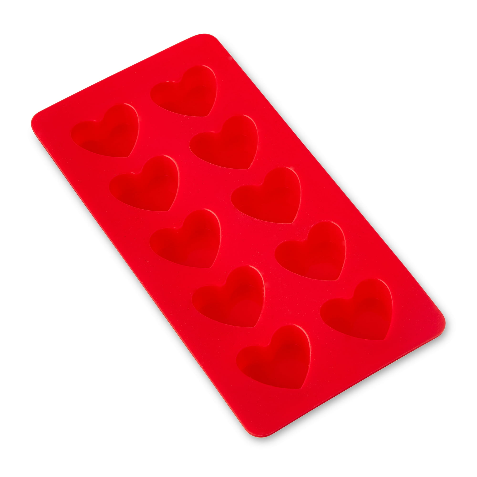 Rote Silikonform mit 10 Herzhohlräumen, ideal für Süßigkeiten oder Eis.