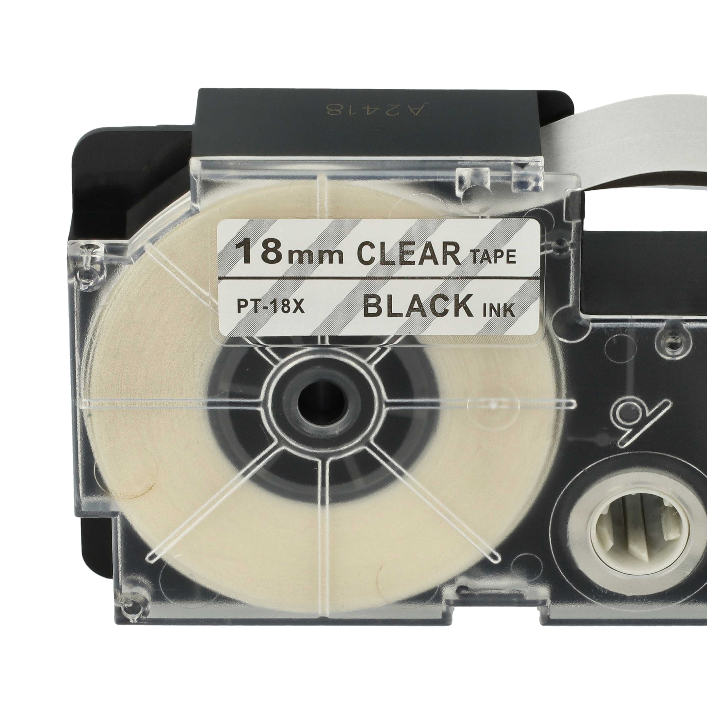 18mm klare Bandkassette mit schwarzer Tinte und PT-18X auf weißem Hintergrund.