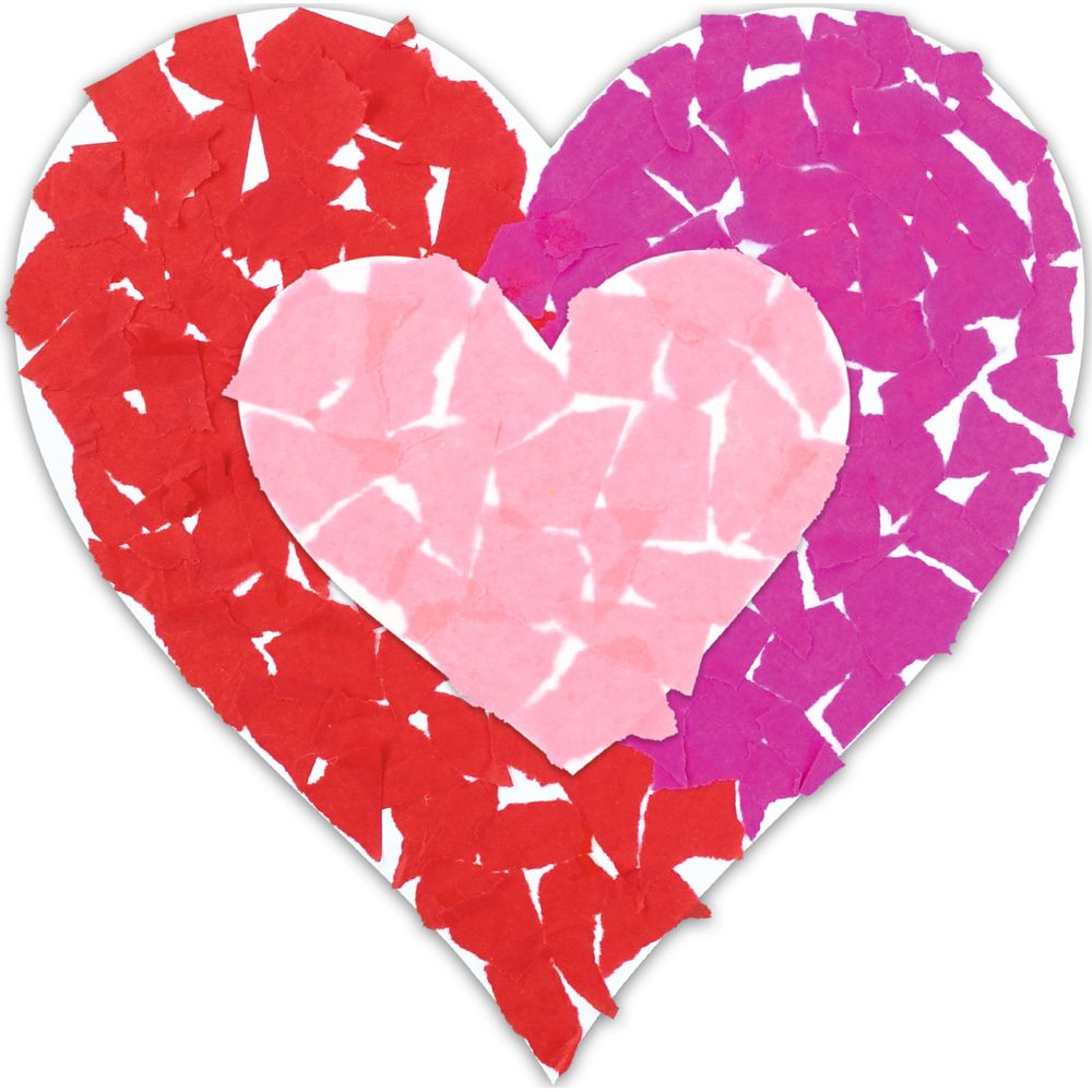 Ein herzförmiges Collagen-Herz mit zerrissenem Papier in Rot, Pink und Lila auf Weiß.