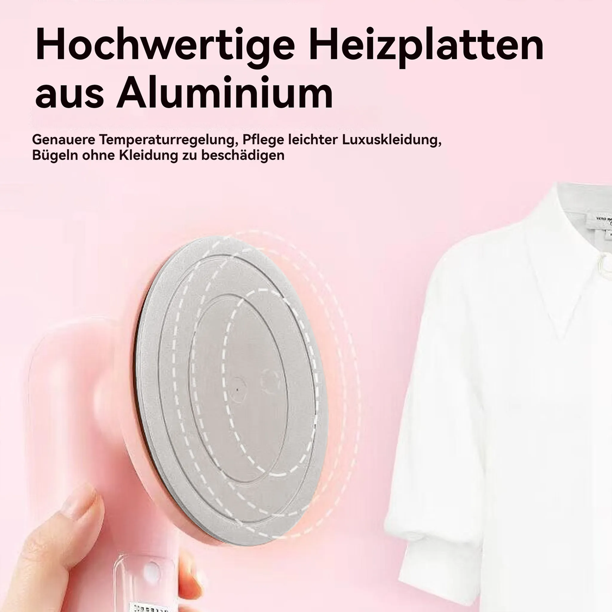 Eine Person hält ein rosa Bügeleisen mit Aluminiumplatte neben einem weißen Hemd.