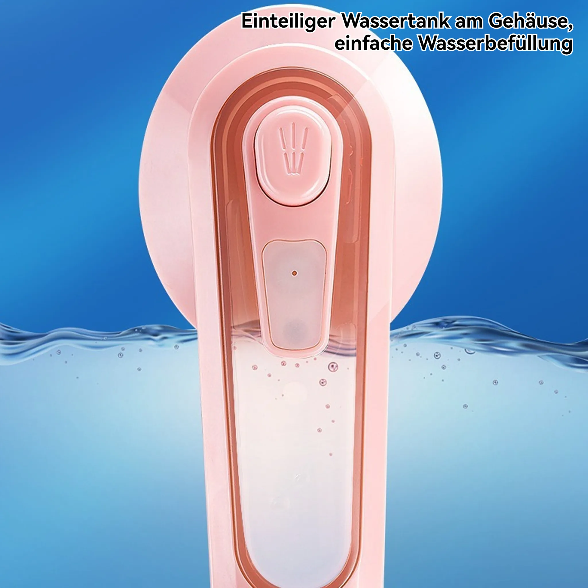 Ein rosa Gerät mit einem transparenten Wassertank und einem Knopf.