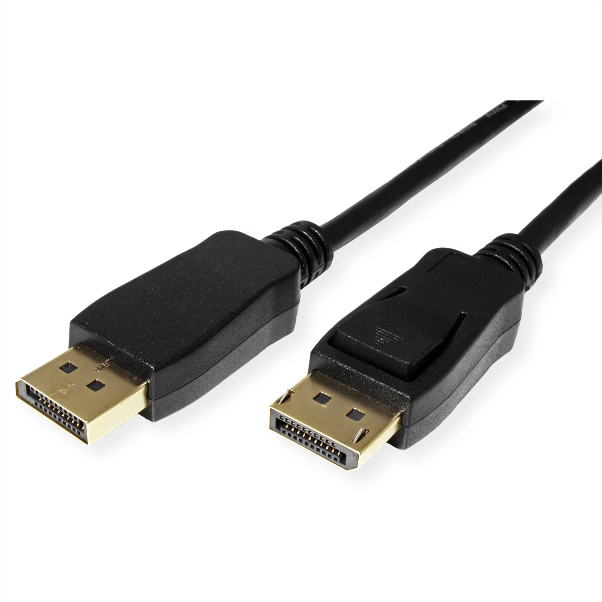 Zwei schwarze Displayport-Kabel mit goldenen Anschlüssen auf weißem Hintergrund.