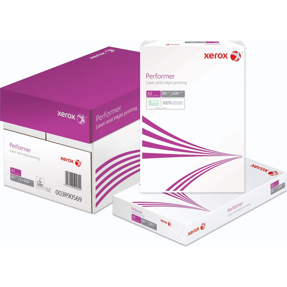 Xerox Performer Papier: drei Schachteln, lila und wei, mit Details zu Gre und Blattanzahl.