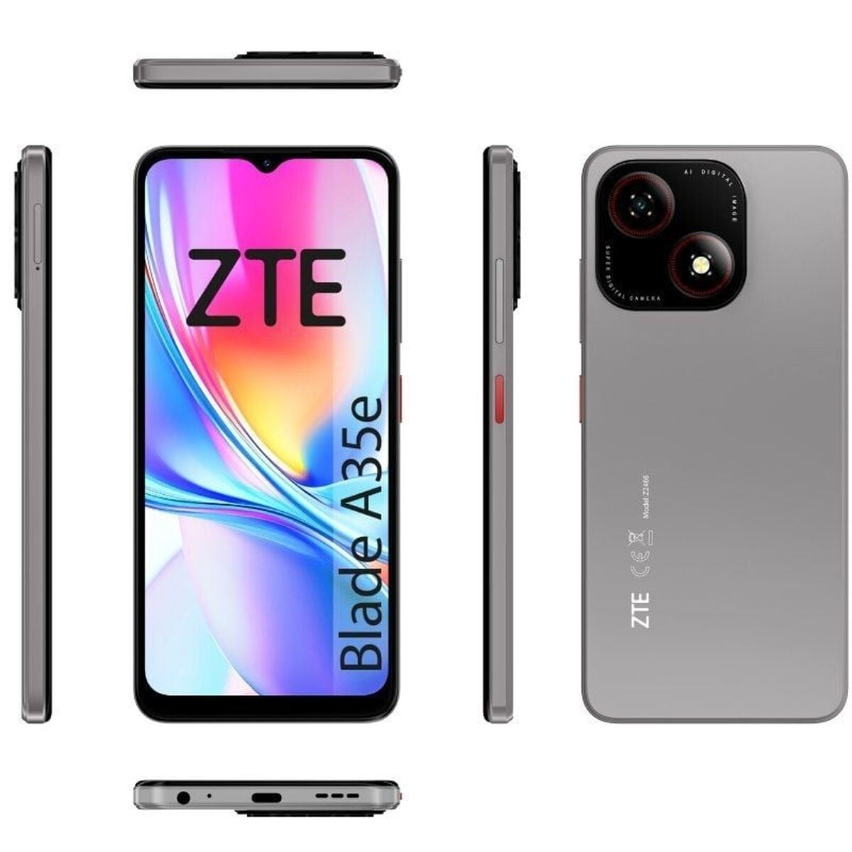 Smartphone grigio ZTE Blade A35e mostrato da più angolazioni, vista frontale e posteriore.