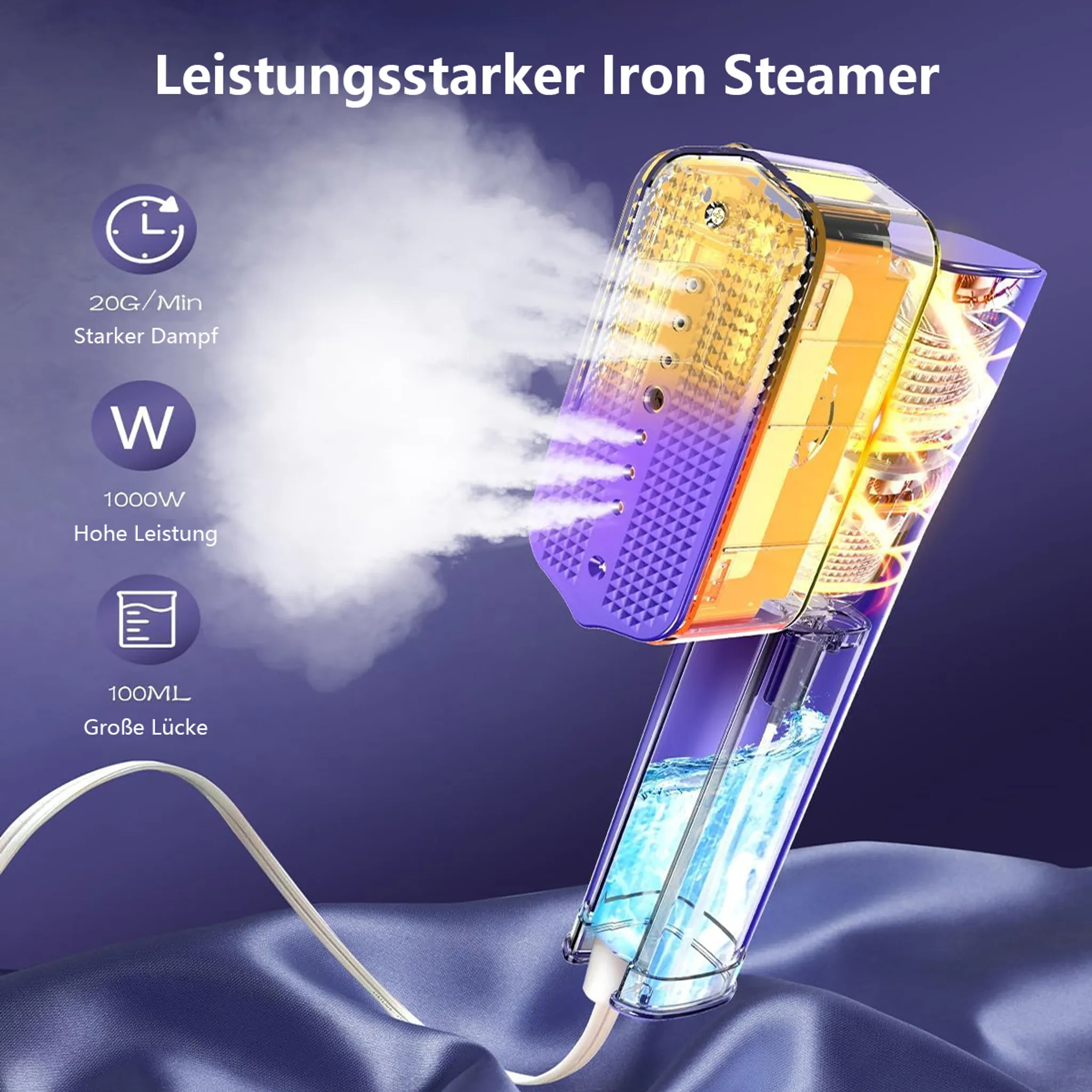 Leistungsstarker Iron Steamer mit 20G/Min Dampf, 1000W Leistung und 100ML Wassertank.