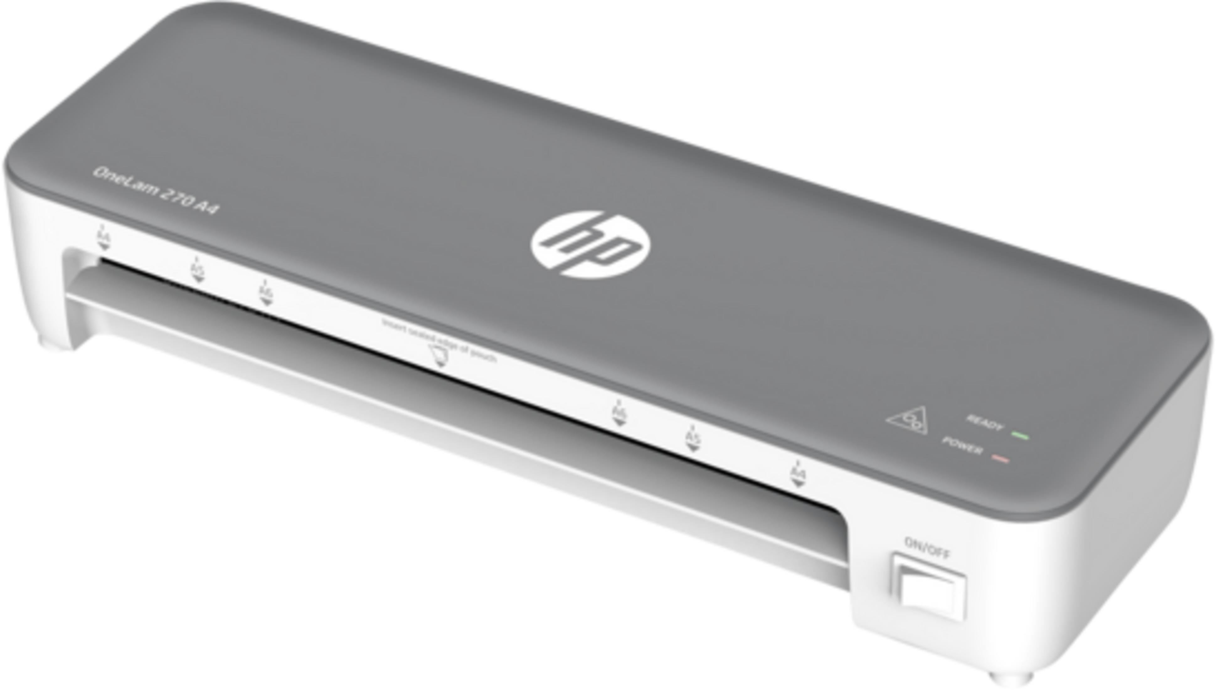 Ein grauer HP Laminator mit weißem Gehäuse und EIN/AUS-Schalter.