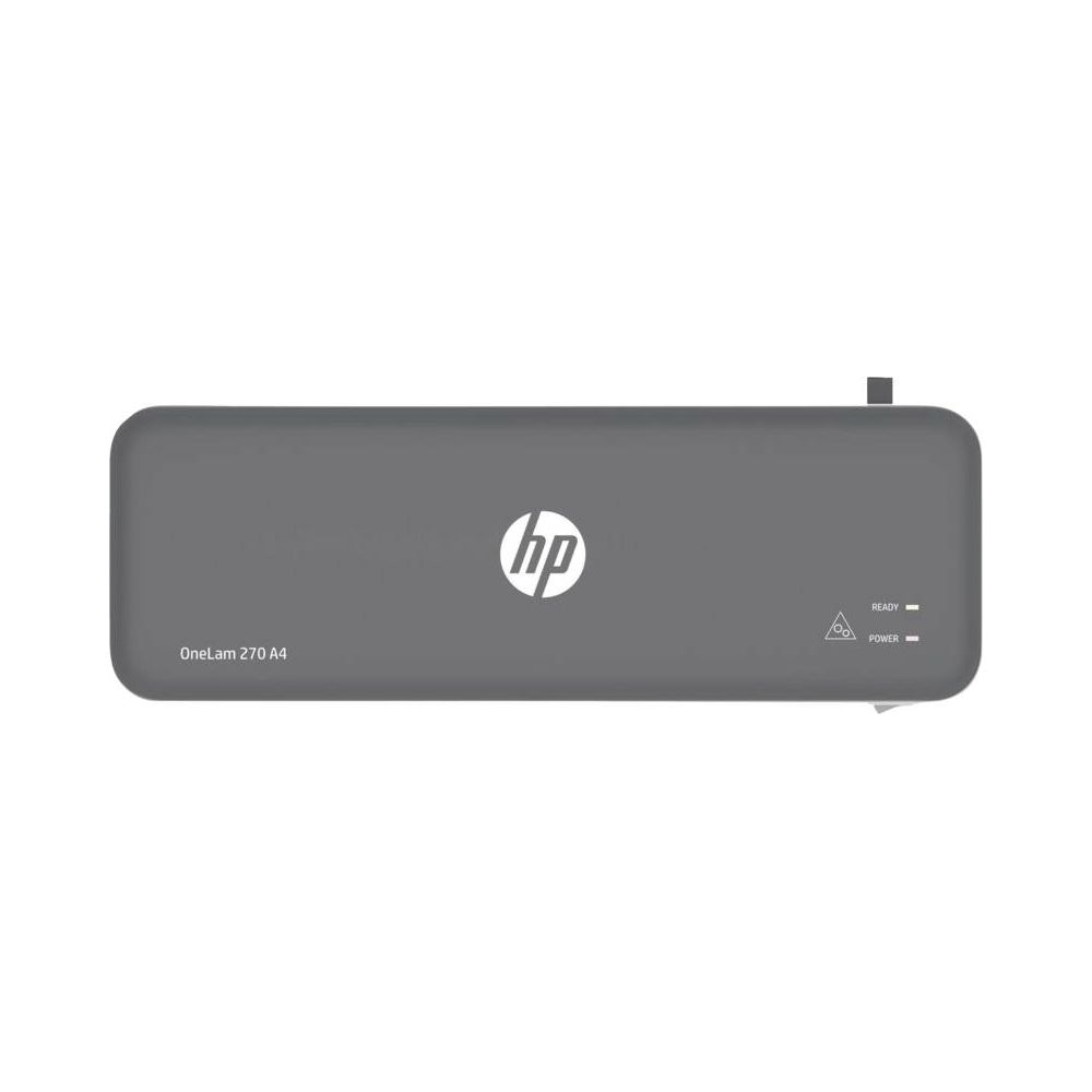 Grauer HP-Laminator mit "OneLam 270 A4"-Aufschrift und Strom-/Bereitschaftsanzeigen.