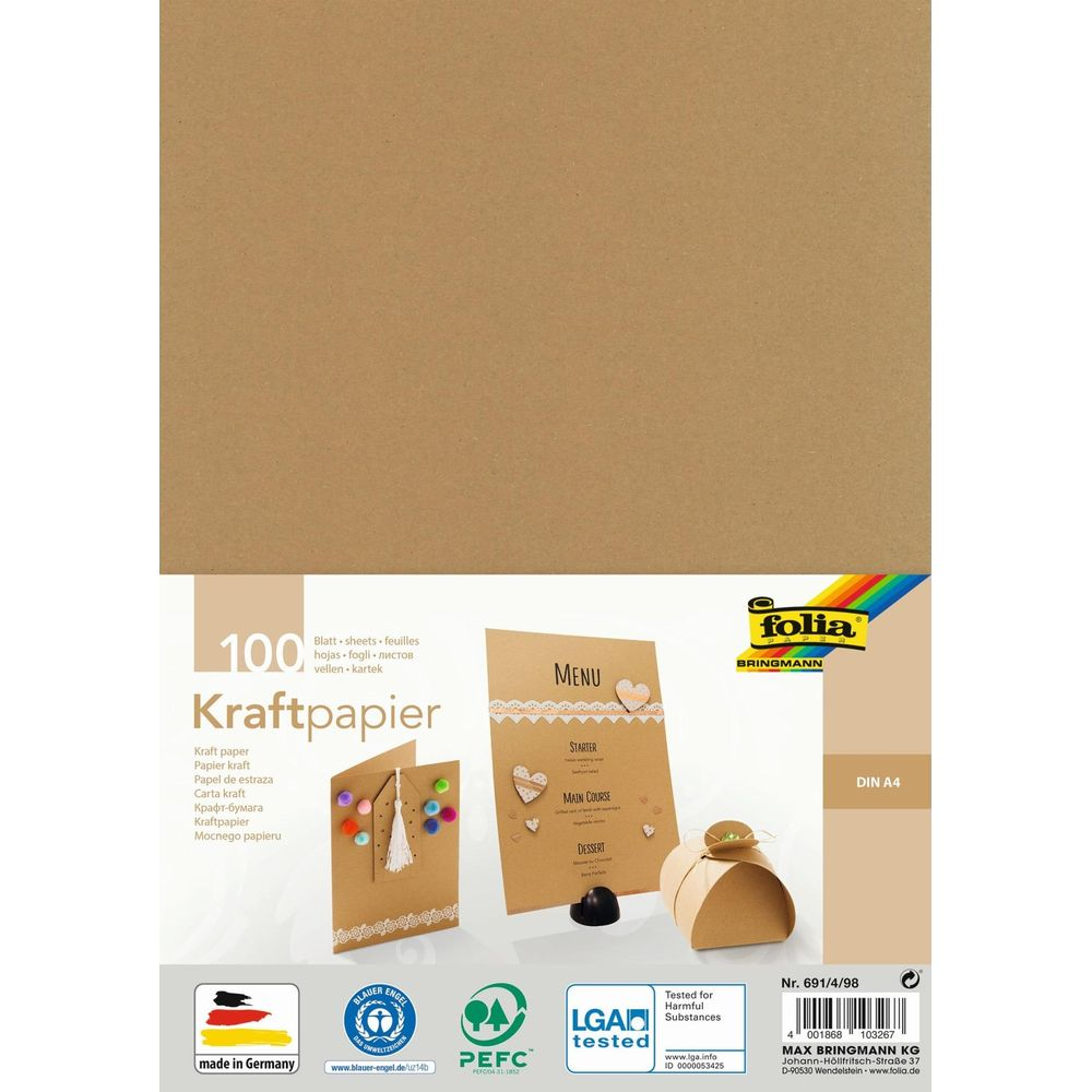 100 Blatt Kraftpapier, DIN A4, mit Dekorationen und einem Menü-Beispiel.