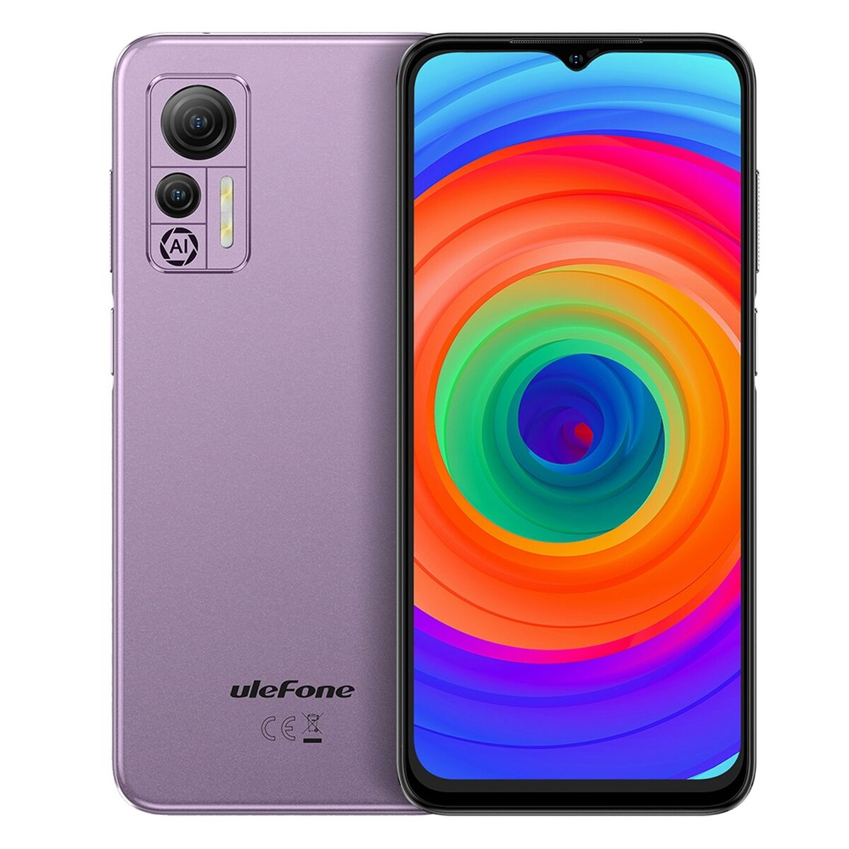 Uno smartphone Ulefone viola con schermo colorato e tripla fotocamera.