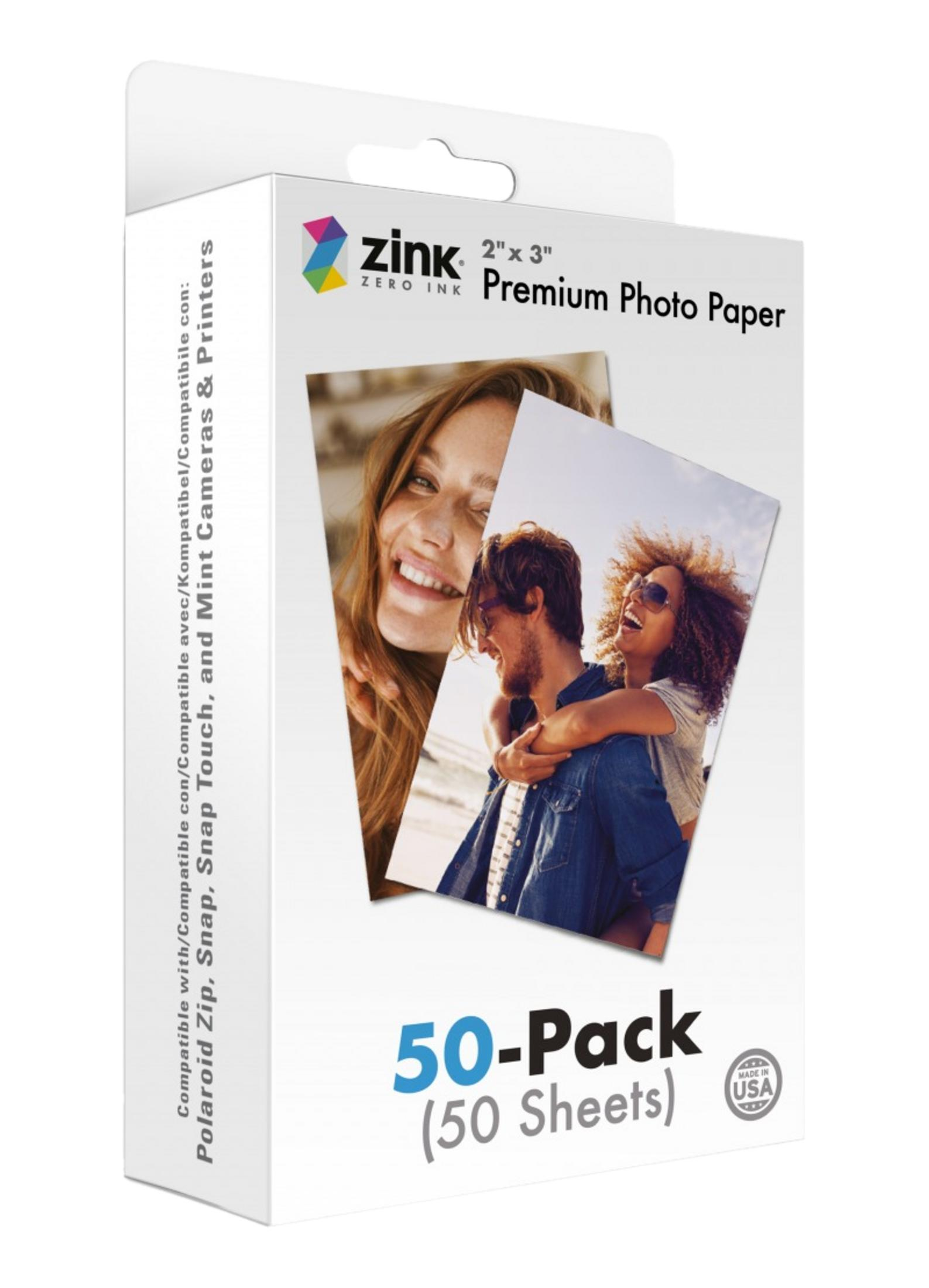 Zink Premium Fotopapier, 50er Pack, 2x3 Zoll. Zeigt lächelnde Paare.