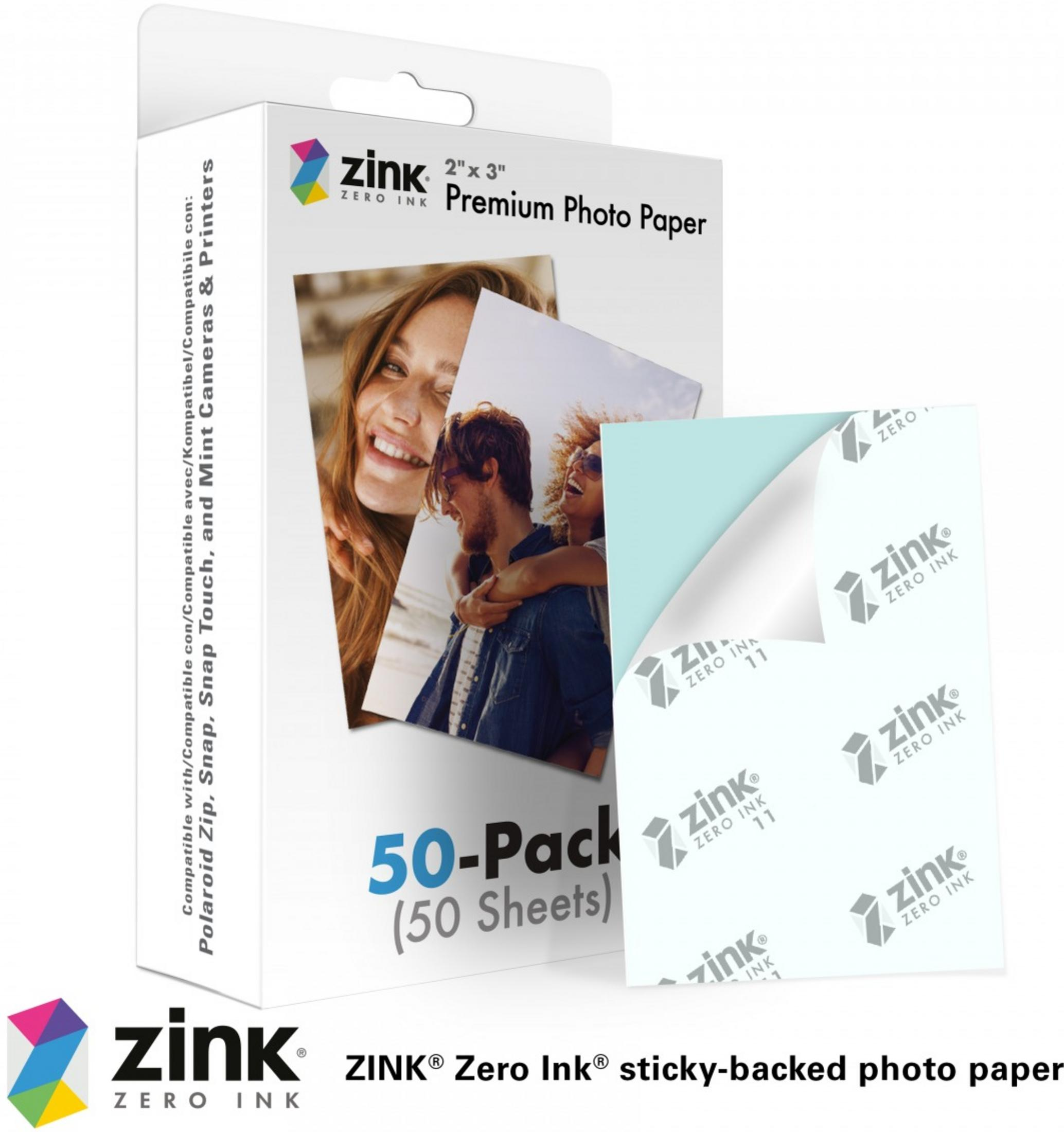Zink Premium Fotopapier 50er Pack, klebrig, mit Bildern eines lachenden Paares.