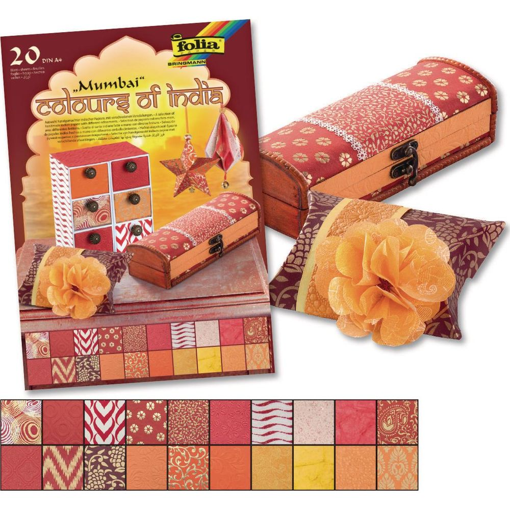Bastelpapier-Set mit Truhen und Dekorationen in indischen Mustern.